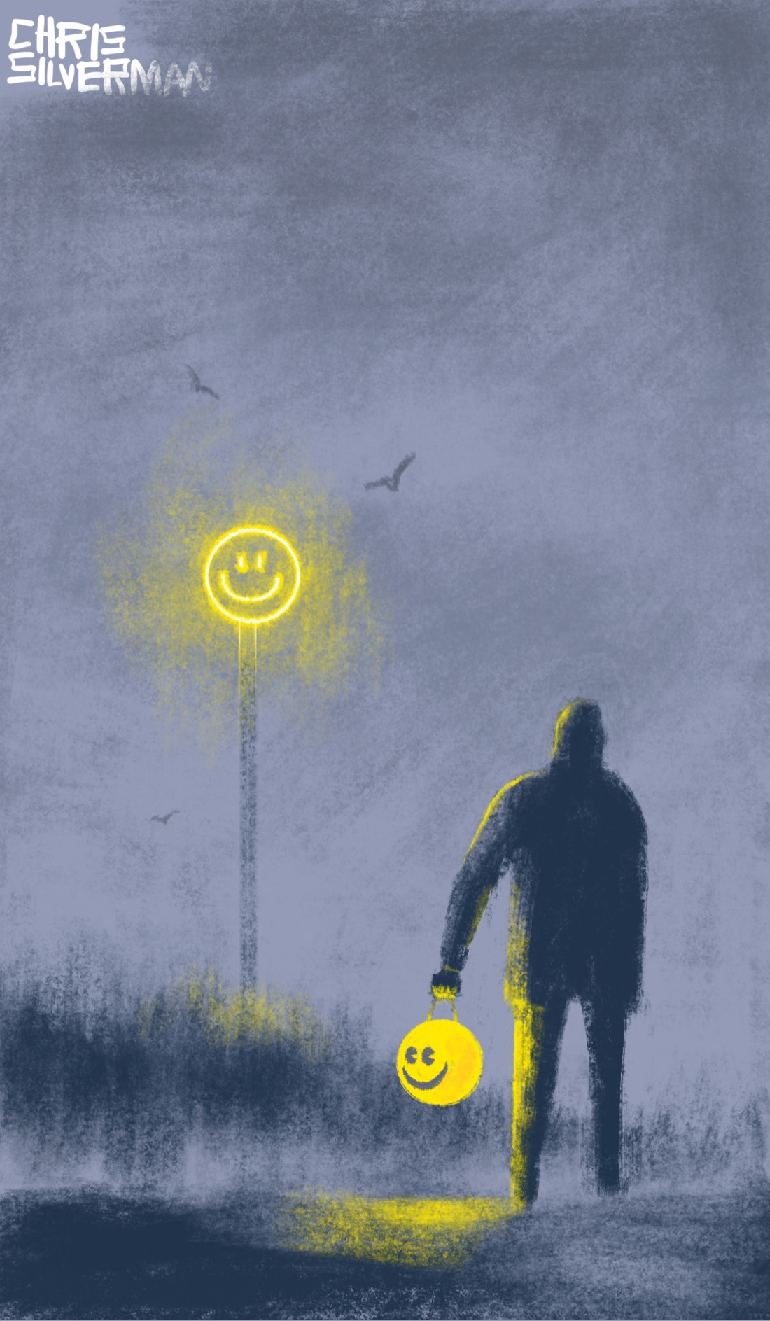 A dark gray day, edging into evening. Fog is visible on the ground. The world is slate-gray. In the distance is a blurry suggestion of a forest. Rising up from the forest is a tall, spindly tower that looks like a radio mast. At the top of the tower is a glowing yellow neon smiley-face. Large birds circle the top of the tower. In the foreground, a person stands looking at the tower, holding in their left hand a glowing spherical smiley-emoji as though it's a lantern. The emoji casts yellow light on the ground, which looks as though it's wet.