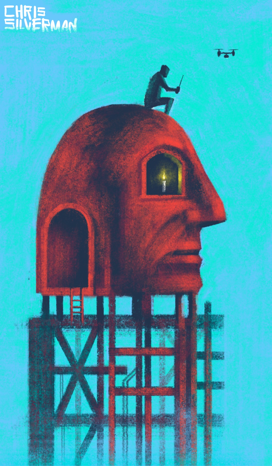 A giant head that looks like it is made of reddish iron, mounted on a rickety-looking tower of beams and crossbeams. The head is the size of a small house and has an open, arched doorway in the back, and an open, arched window for an eye in which a lit candle is placed. On top of the head sits a person operating a quad copter. The only thing visible in the background is blue sky, suggesting that the tower is quite tall.