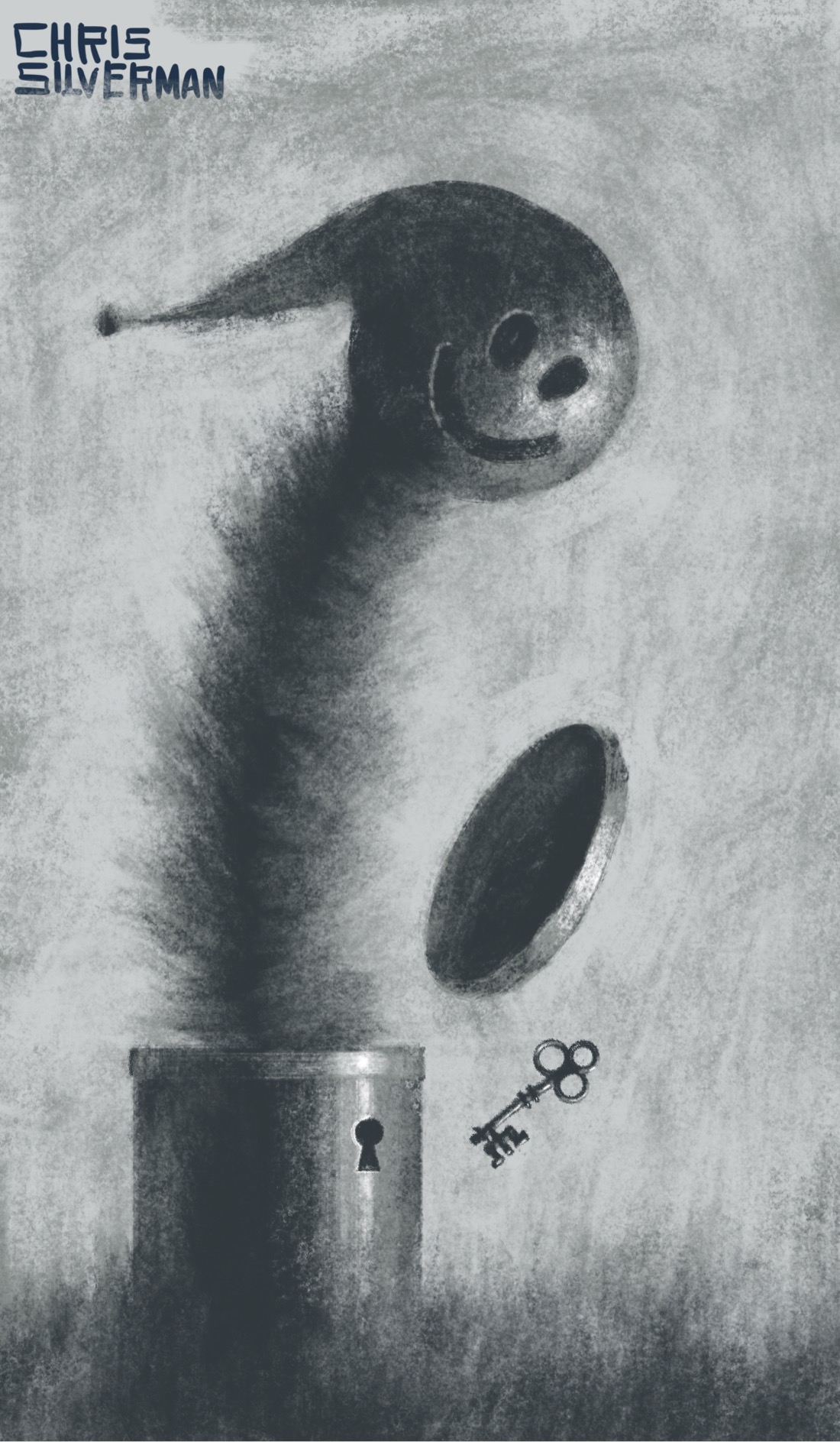 A black and white charcoal drawing of a blurry meadow with a thick metal pipe sticking up out of it. On the right side of the pipe is a small keyhole. Exploding up out of the top of the pipe is a jack-in-the-box-looking creature. Its body is blurry, almost as though it is made of smoke or extremely furry. Its head looks like a bowling ball with a smiley-face embossed on it. It has a pointed jester's cap with a bell. Mid-air is a round lid that must have been on the pipe before the creature blew it off. Also mid-air is a key, ejected from the keyhole.