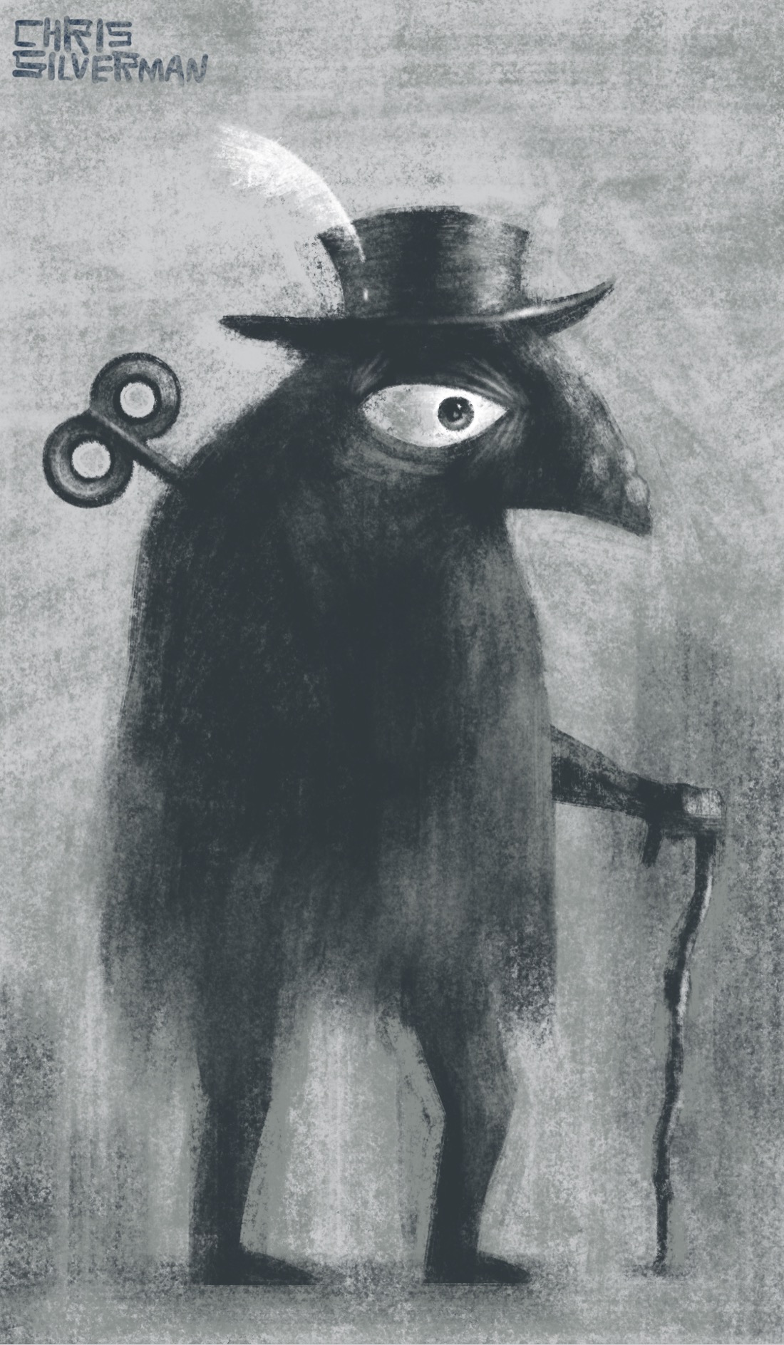 A bizarre creature with a sharp beak like a bird and a large eye that looks human. The creature stands on two legs and is holding a cane or walking stick. It is wearing a hat with a brim and a white feather, and has a windup key sticking out of its back. This is a black and white charcoal drawing.