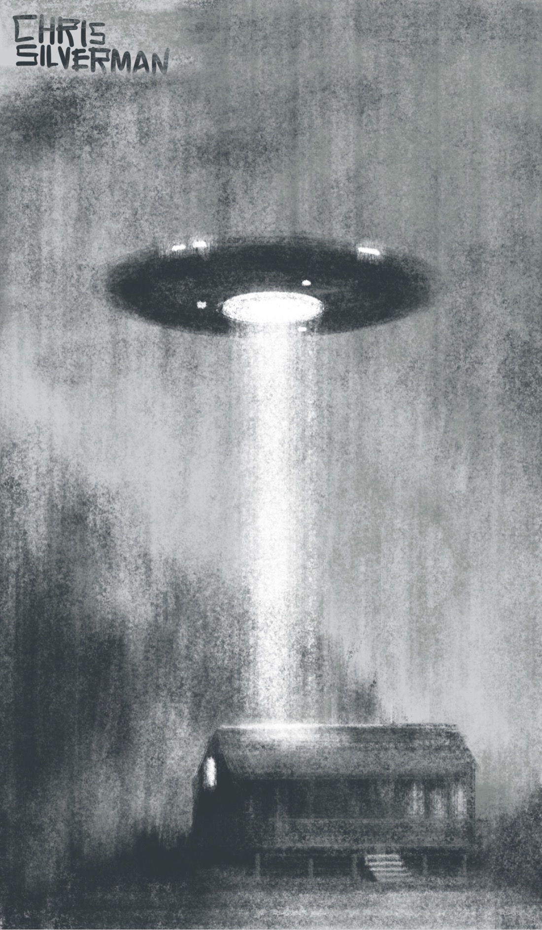 A black and white charcoal rendering of a small cabin in a clearing, surrounded by trees. It is a foggy night. Hovering above the cabin is a large, black, saucer-shaped spaceship. In the center of the underside is a glowing white opening from which a straight beam of light extends down, illuminating the roof of the cabin. The saucer has a few smaller, glowing lights on the sides and undersides as well.