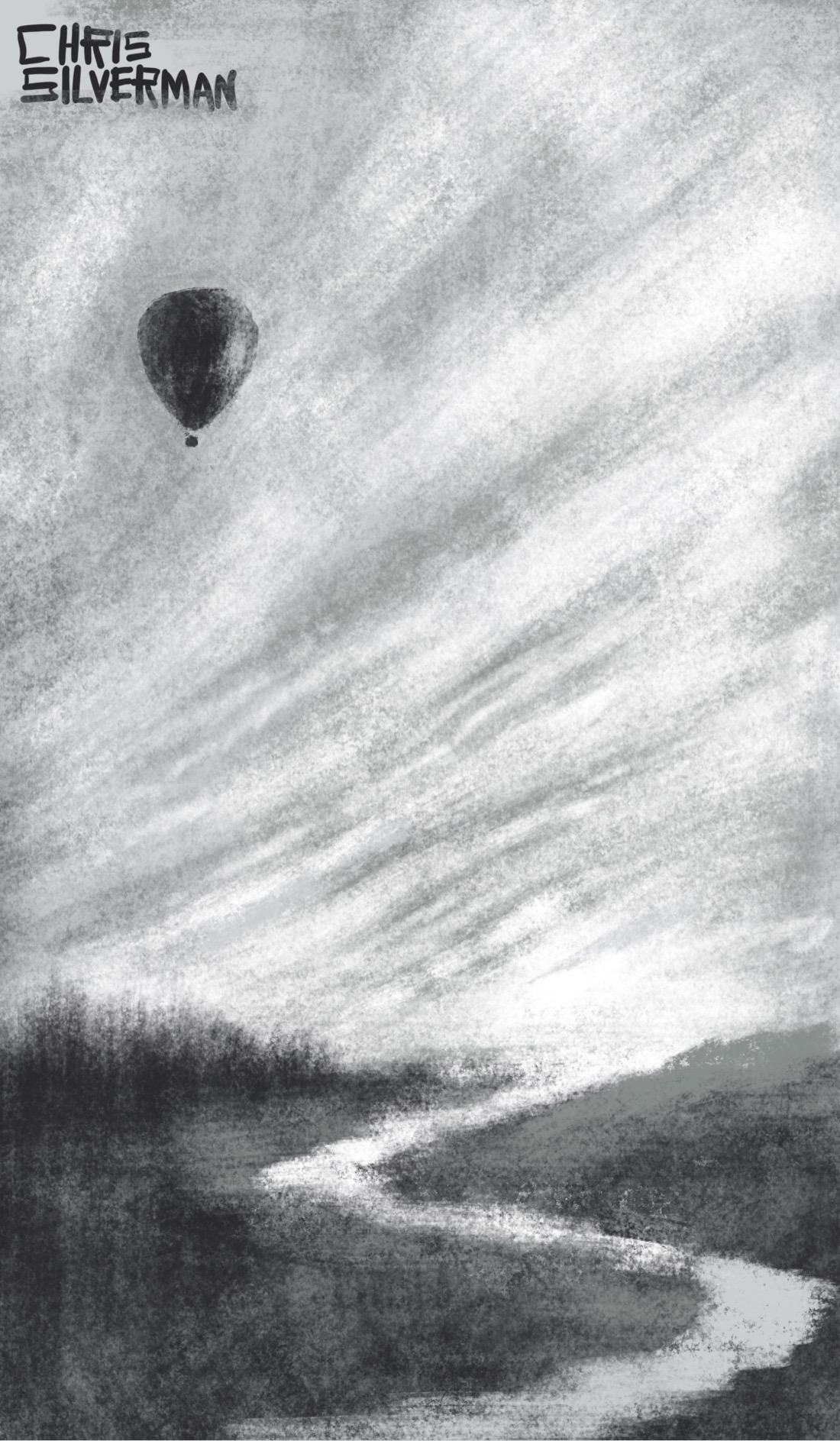 A river winds through a flat meadow with trees on the horizon. Above is a vast, open sky, covered with banded clouds. In the top left of the sky is a black hot-air balloon.
