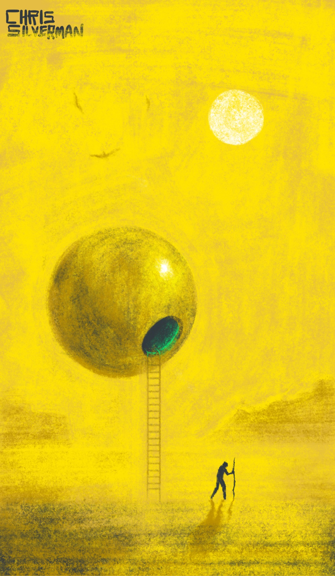 A hazy, yellow desert, with low mountains in the background. The sun sits high in the sky, as buzzards wheel above. Hovering about 30 feet above the desert floor is a house-sized metal sphere the color of the desert. There is only one opening in it: a circular hatchway, revealing a greenish glow from the interior. A ladder drops from the hatchway to the ground. Walking away from the ladder is a small figure carrying a staff.
