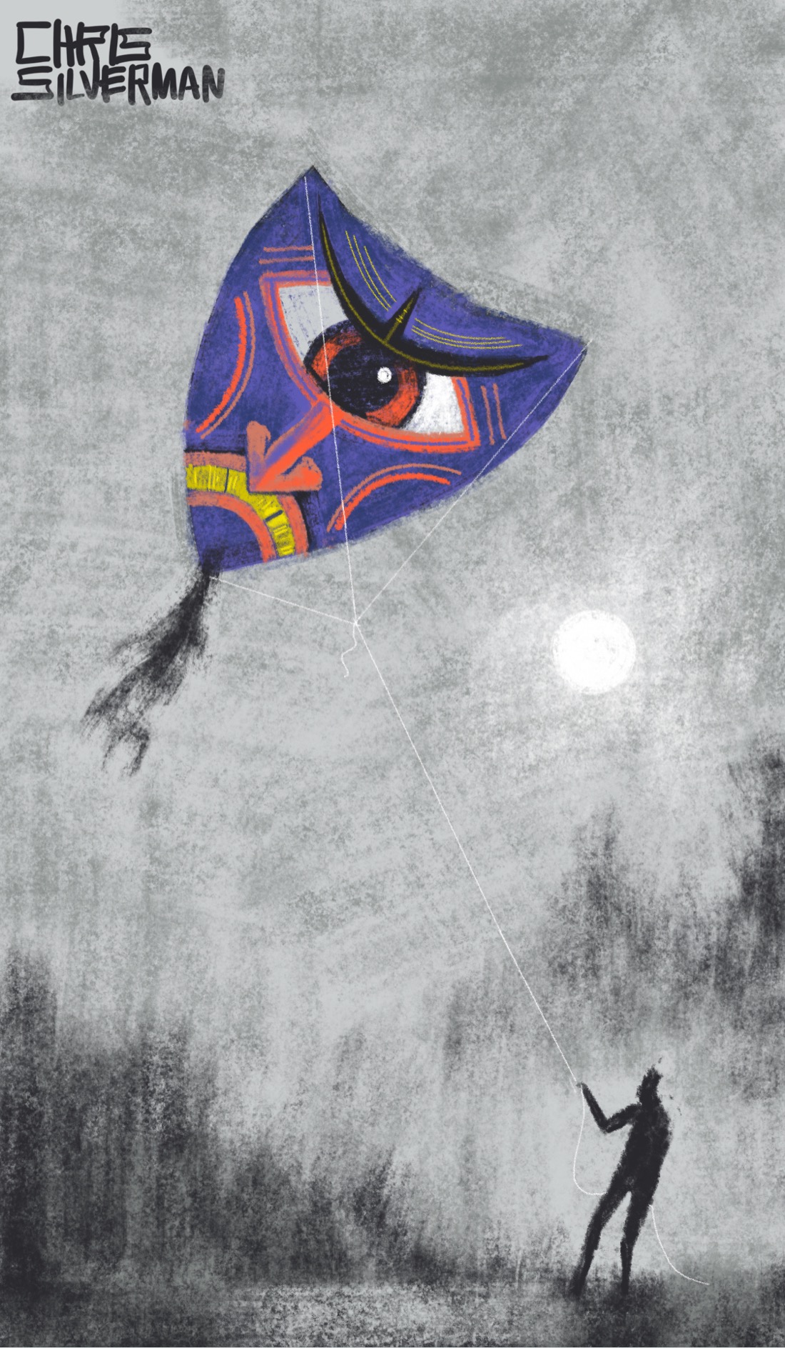 A person stands in a clearing at night, a full moon visible in the sky. There are indications of low trees, or a meadow. The person is flying a huge, shield-shaped purple kite with a frowning monster's face on it. The kite has a single red eye, a long nose, and exposed yellow teeth, with red stripes on it as well. Its tail resembles a beard. It is the only colored object in an otherwise grayscale drawing.