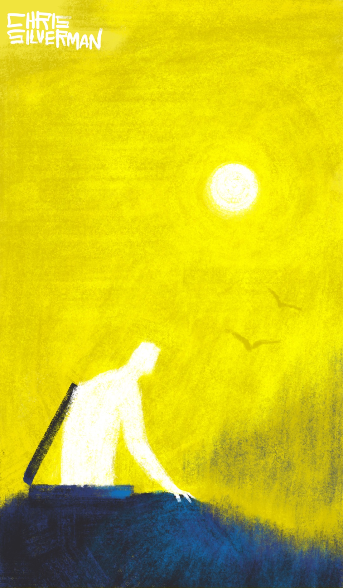A glowing white humanoid figure climbs out of a trap door in the ground. In the background is the blurry suggestion of a wooded hill. The sun hangs high in yellow sky. Two birds fly overhead.