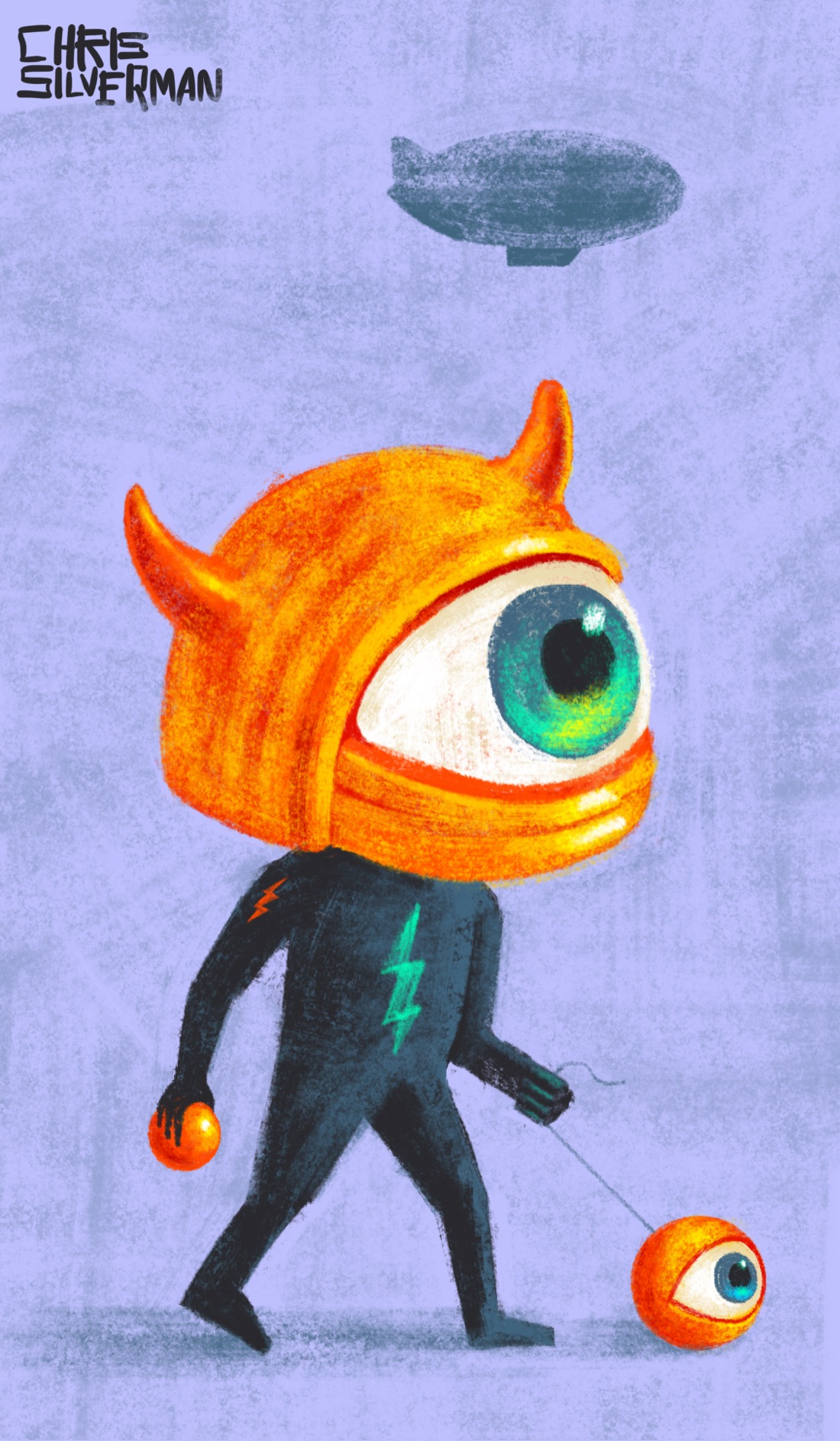 A small figure wearing a gray-black jumpsuit with a glowing green lightning bolt on the front of it, and a small orange lightning bolt on the shoulder, walks in an empty space that's entirely a light periwinkle blue. The figure is wearing a very large, bulky orange helmet, the front of which is occupied entirely by a giant eyeball with an iridescent green iris. The helmet has horns. In front of the figure, attached to a string that the figure is holding in its left hand, is a small, orange sphere, also with an eyeball in the front of it. That eye is blue. In its right hand, the figure is holding an orange sphere with no eyeball. The shadowy silhouette of a zeppelin hovers bizarrely in the background.