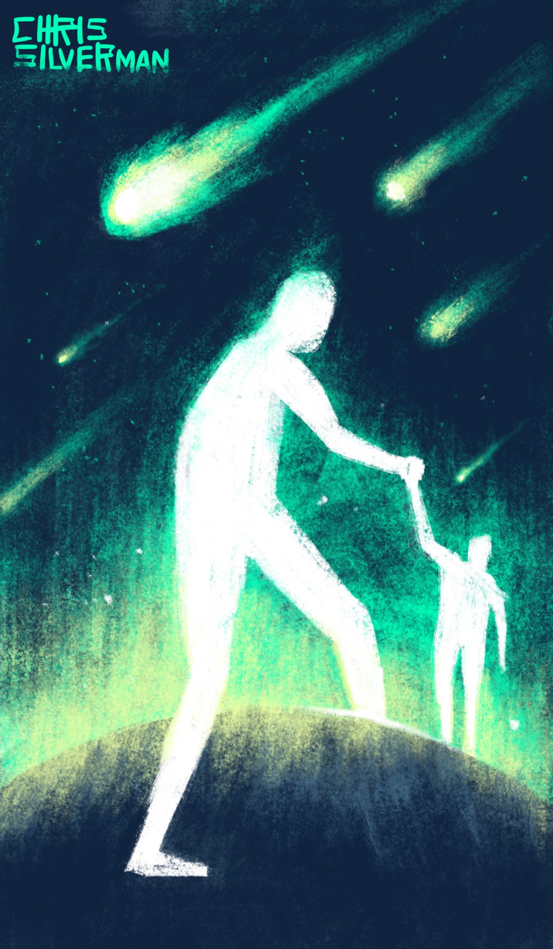 A tall, glowing white figure stands astride the curved horizon of a dark planet, reaching over to touch hands with another glowing white figure, this one slightly smaller, on the other side of the planet. There is an eerie green auroral glow on the horizon. Above, many green-tailed meteors hurtle through a starry sky. Anyone who remembers browsing the web in the late 1990s might be reminded of something.