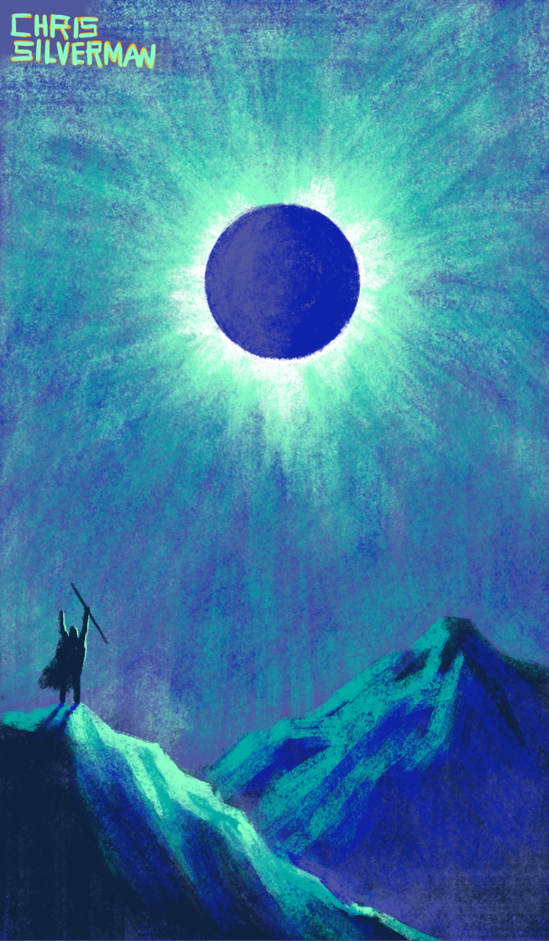 A full solar eclipse. The sun hangs in an eerie, purple sky, fully obscured, only a green and white corona visible. Below are several craggy mountains, also illuminated with a weird green light. On top of the closer mountain stands a small figure wearing a cloak, both arms raised to the sky, a staff clutched in the right arm. The figure appears to be staring directly at the sun without eclipse glasses, which one should never do, even if one is a sorcerer summoning the apocalypse.