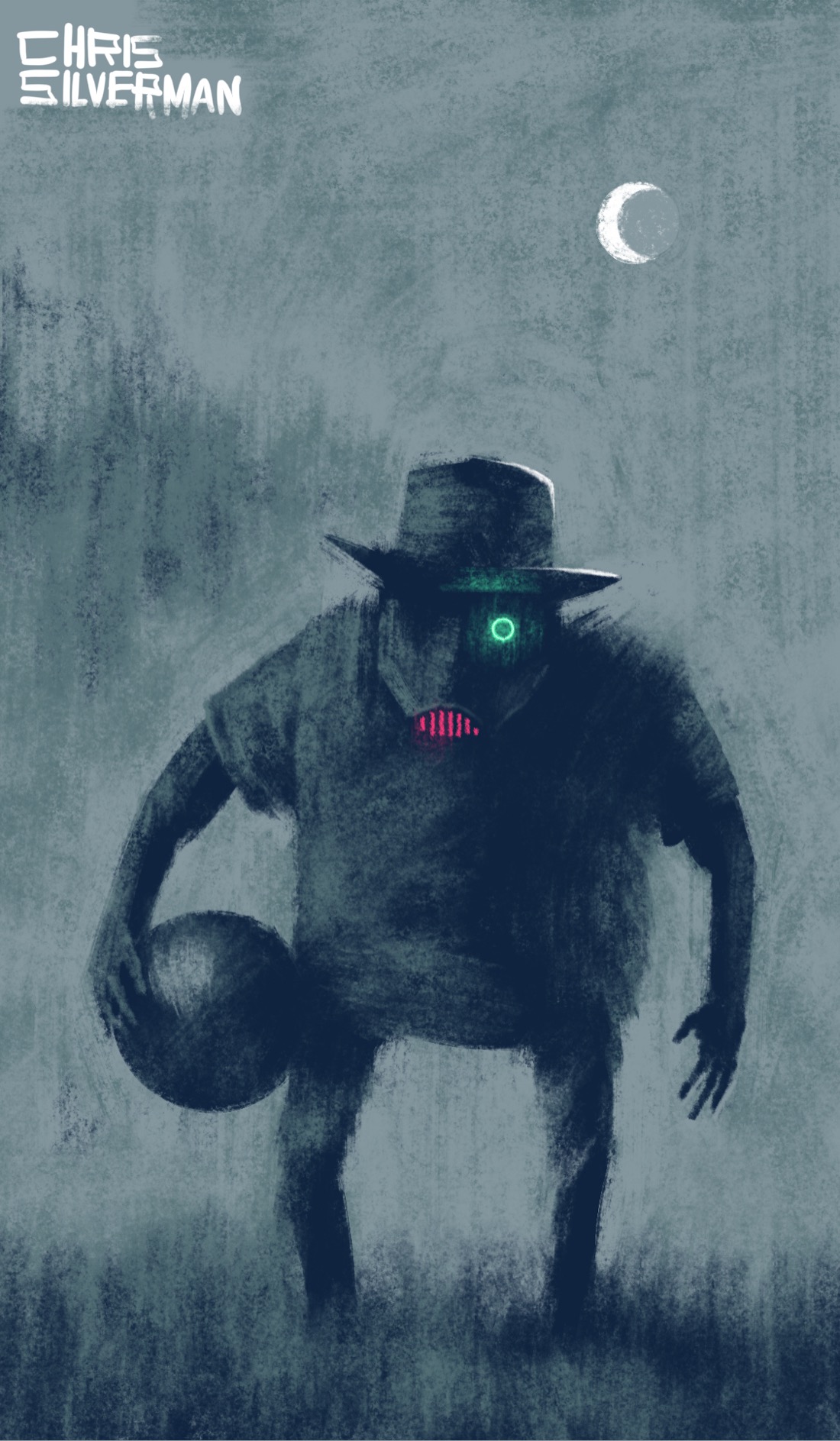 Night, somewhere remote. A white crescent moon hangs in the sky. A squat, hunched-over creature with thin legs wears a fedora and carries a ball under its right arm, staring directly at the viewer. The creature's face is indistinct and oddly featureless, as though it is wearing a mask. The part of its face most in shadow from the hat has a glowing green circle where an eye would be; its mouth is a row of glowing red lines, like a robot's face. It is wearing a baggy T-shirt, and appears to be surrounded by grass, with a blurry suggestion of trees in the distance. This is a dark gray drawing, with the only color being the glowing green eye and red mouth.