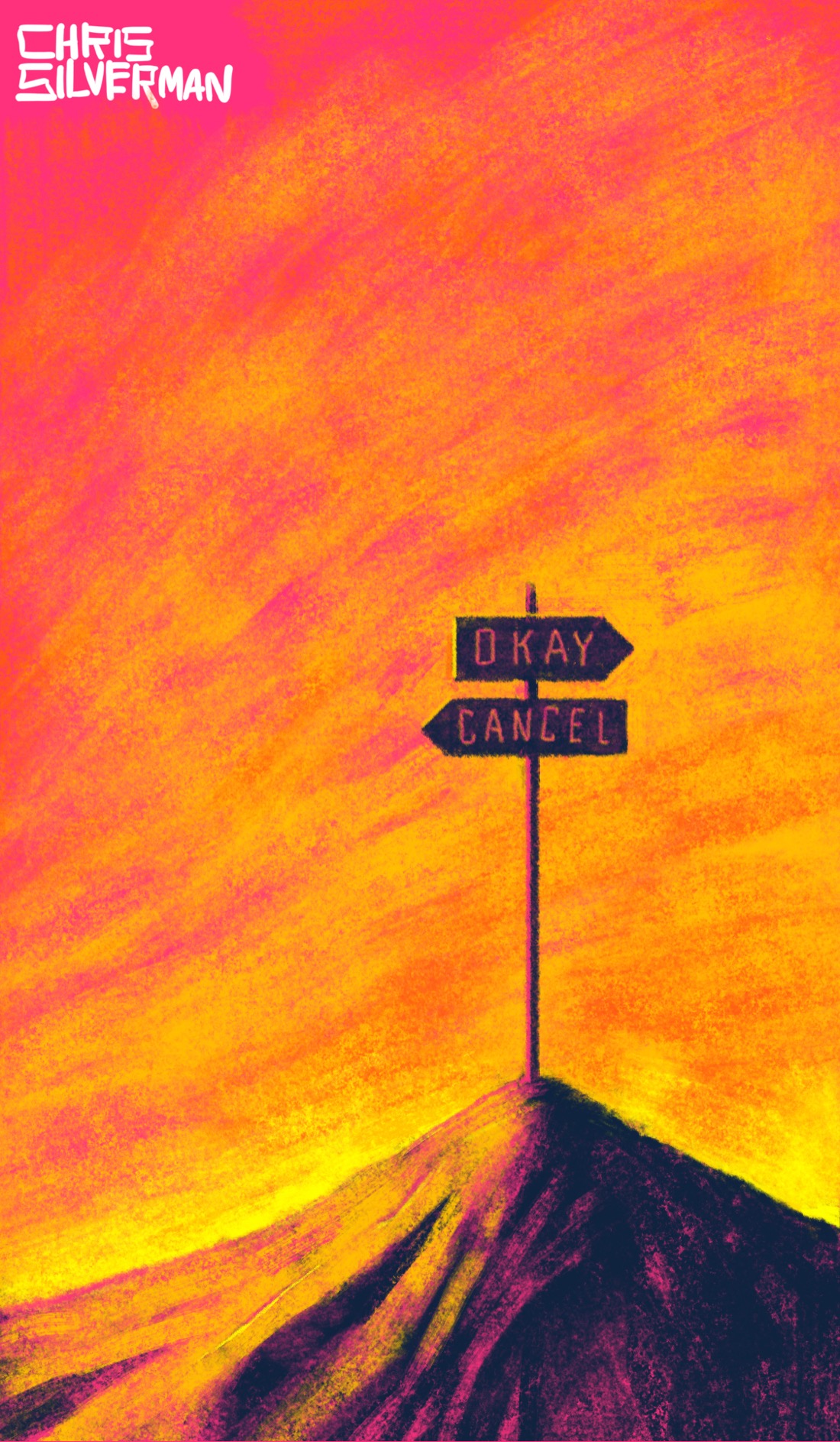 A mountain in the middle of nowhere, under a blazing yellow and crimson sky. Planted at the very peak of the mountain is a signpost with two signs: one pointing forward, reading "OK", and one pointing backwards, reading "Cancel".