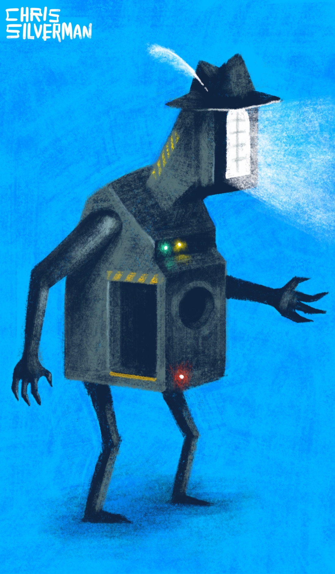 A boxy, robotic figure that resembles a steel shack with arms and legs. Its torso is the shack, with an open rectangular door on the right side and a round window in front. Also on the front of the robot are glowing colored lights. The door has yellow warning stripes above it. The robot has a boxy head on a long, boxy neck; its face is a glowing white window. It is wearing a brimmed hat with a white feather. Its neck also has yellow warning stripes. It is standing against a blue background.
