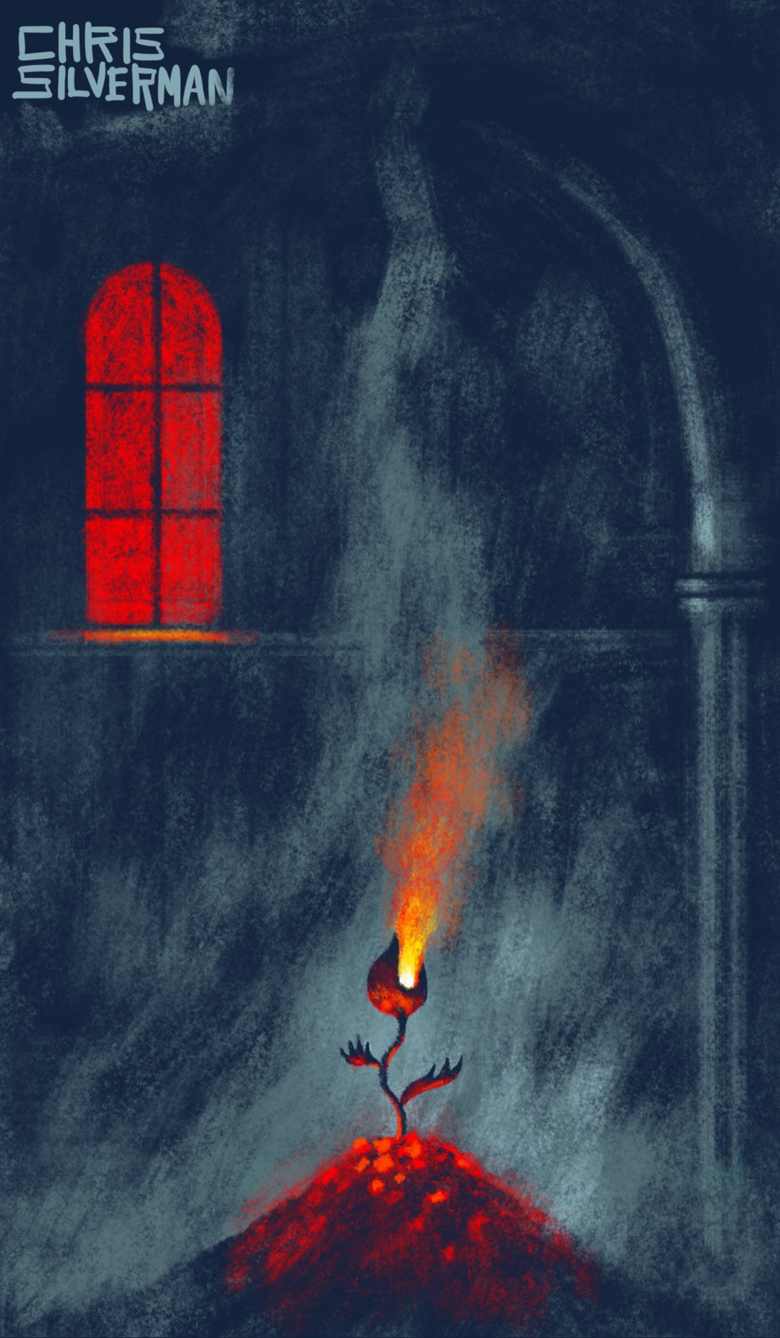A dark, dungeon-like room. There is only one window in the top left: narrow, gothic-looking, and glowing red. To the right is some sort of dimly visible pillar or arch. In the center of the room is a glowing pile of coals, gray smoke billowing from it. Rising up from the very center of the coals is what appears to be a small, black plant with leaves that look like claws. The underside of the plant is illuminated red in the glow from the embers. The flower part of the plant suggests a creature, or a Venus flytrap: two mandibles open, belching yellow fire.