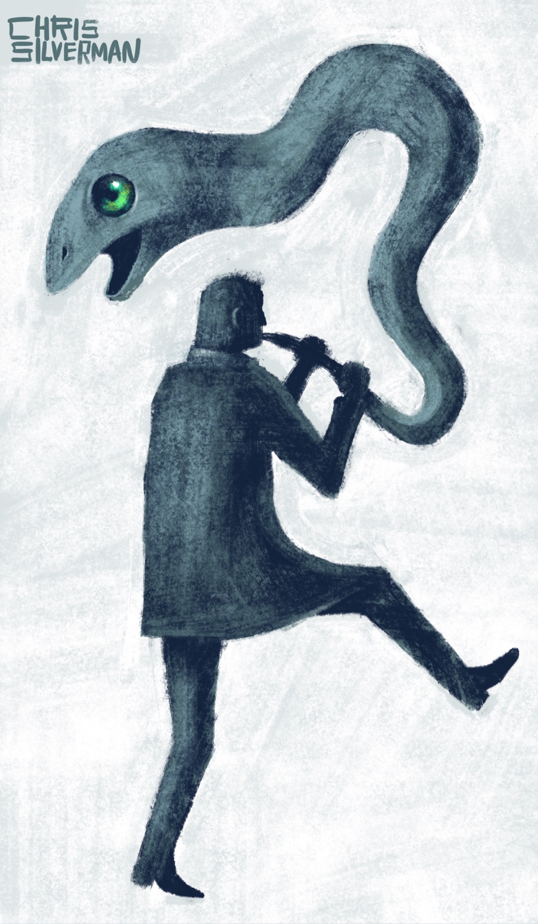 A person wearing a dark gray suit dances, playing an instrument. They are facing away from us, one leg lifted as though skipping or prancing. The instrument they are playing is a large snakelike creature with gray skin and large, iridescent green eyes. The creature's tail is in their mouth, and its large head is above and behind them, its mouth open.