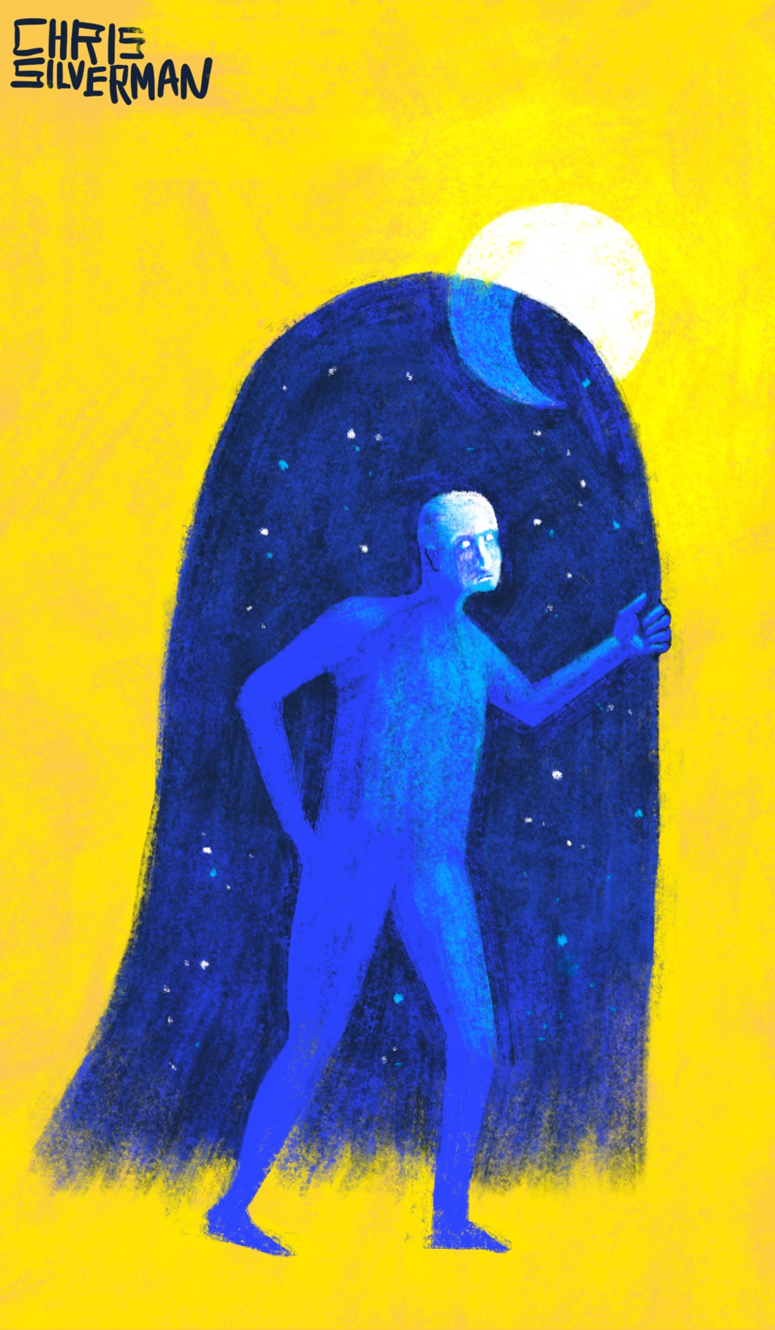 A bright yellow background, and a glowing white sun. In the foreground, a blue figure walks, seemingly covered by a ghost-shaped night sky. The figure is set against the night sky, which is dark blue, has a crescent moon, and is covered with stars. It looks as though the night is a cloak that the figure is wearing during the day. (I realize this person looks like Dr. Manhattan and it is not Dr. Manhattan.)
