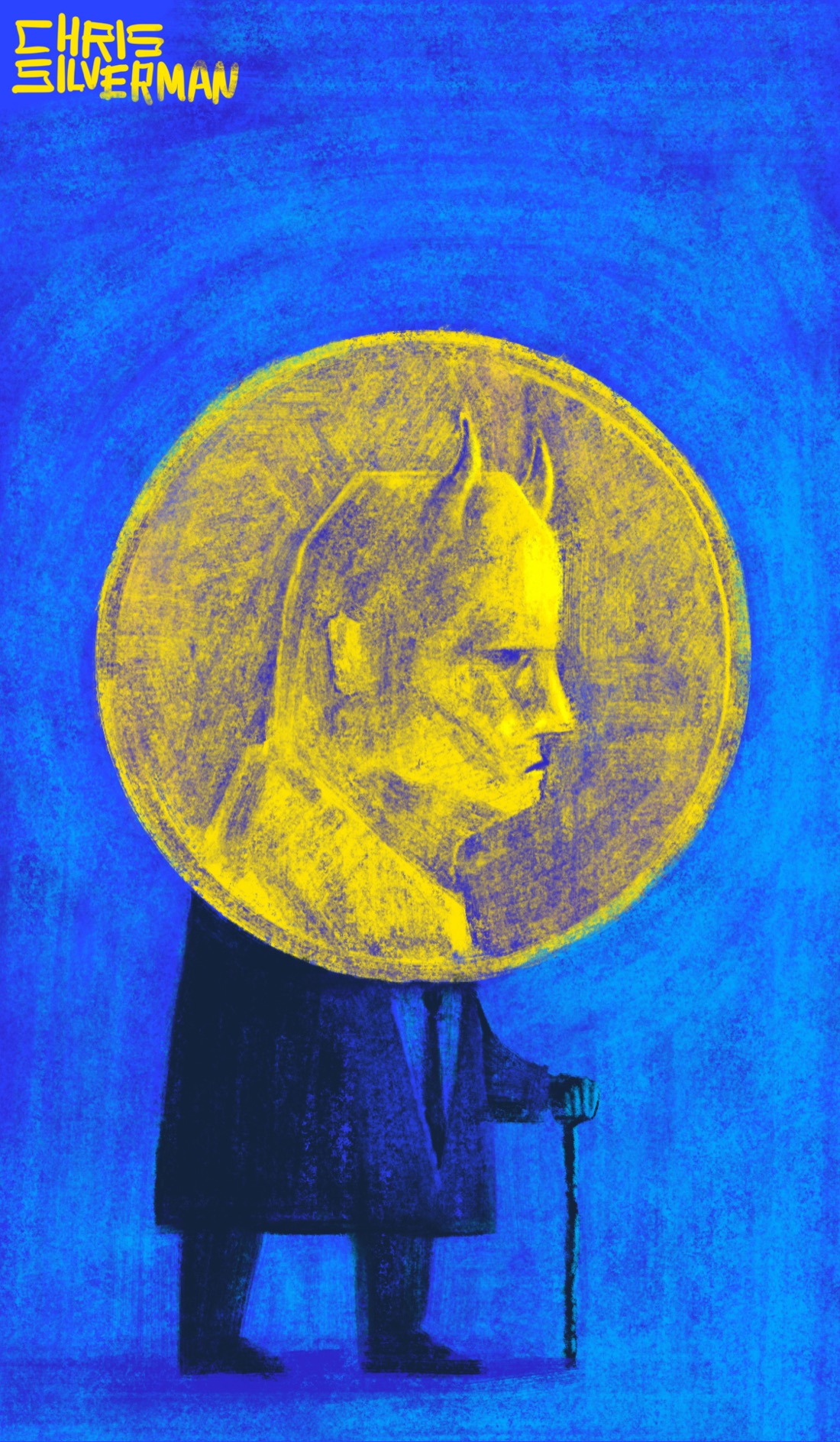 A large gold coin with a face in profile on it. The face is, like that on most currency, a bald man with a hard, vacant stare. Unlike most currency figureheads, this one has devil horns. The coin serves as a head for a figure wearing a dark suit. The figure stands on a blue background.