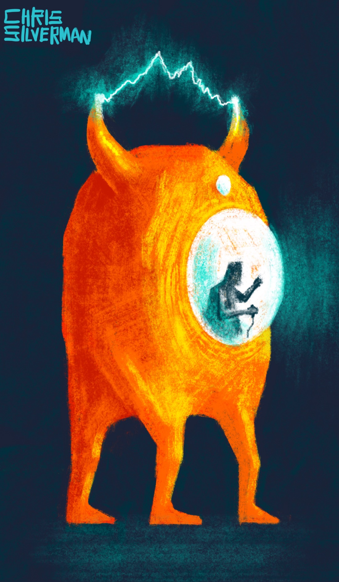 A three-legged orange entity, somewhere between a creature and a machine, with two horns and an enormous eye-like window in the middle of its body. The entity is in a dark area: at night, or maybe even under the water. A person is visible in the window, operating controls. A glowing green bolt of electricity jumps between the entity's horns. The light from the interior casts a hazy green glow out into the darkness.