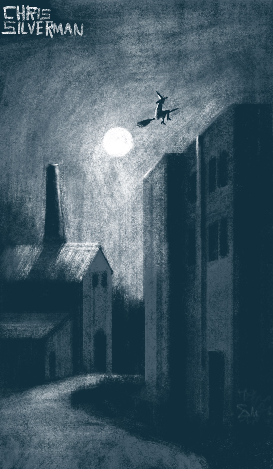 A desolate street winds through an abandoned town at night. The road looks bumpy and uneven, and curves among abandoned apartment blocks and a factory with a tall smoke stack. It is mostly dark; the scene is illuminated only by a full moon. The sky looks partly cloudy. In the sky, directly to the right of the moon and a little above it, is a witch on a broomstick.