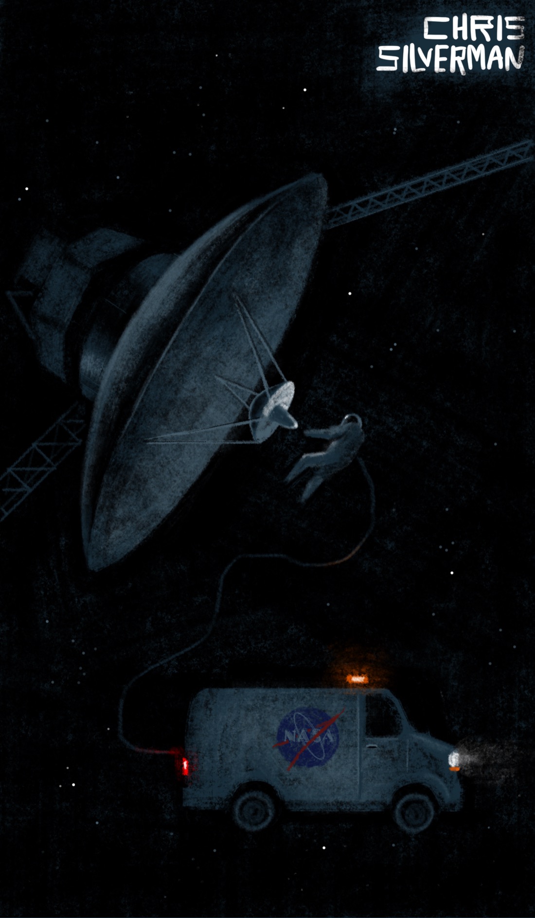 The Voyager I spacecraft in deep space. The craft has a giant radio dish. Dimly visible behind it are some radio masts and panels. Floating below it is a small gray maintenance van with an orange flashing light on top and the NASA logo on the side. Floating in front of the dish, evidently making some repairs, is an astronaut tethered to the van. Behind is a black sky filled with stars.