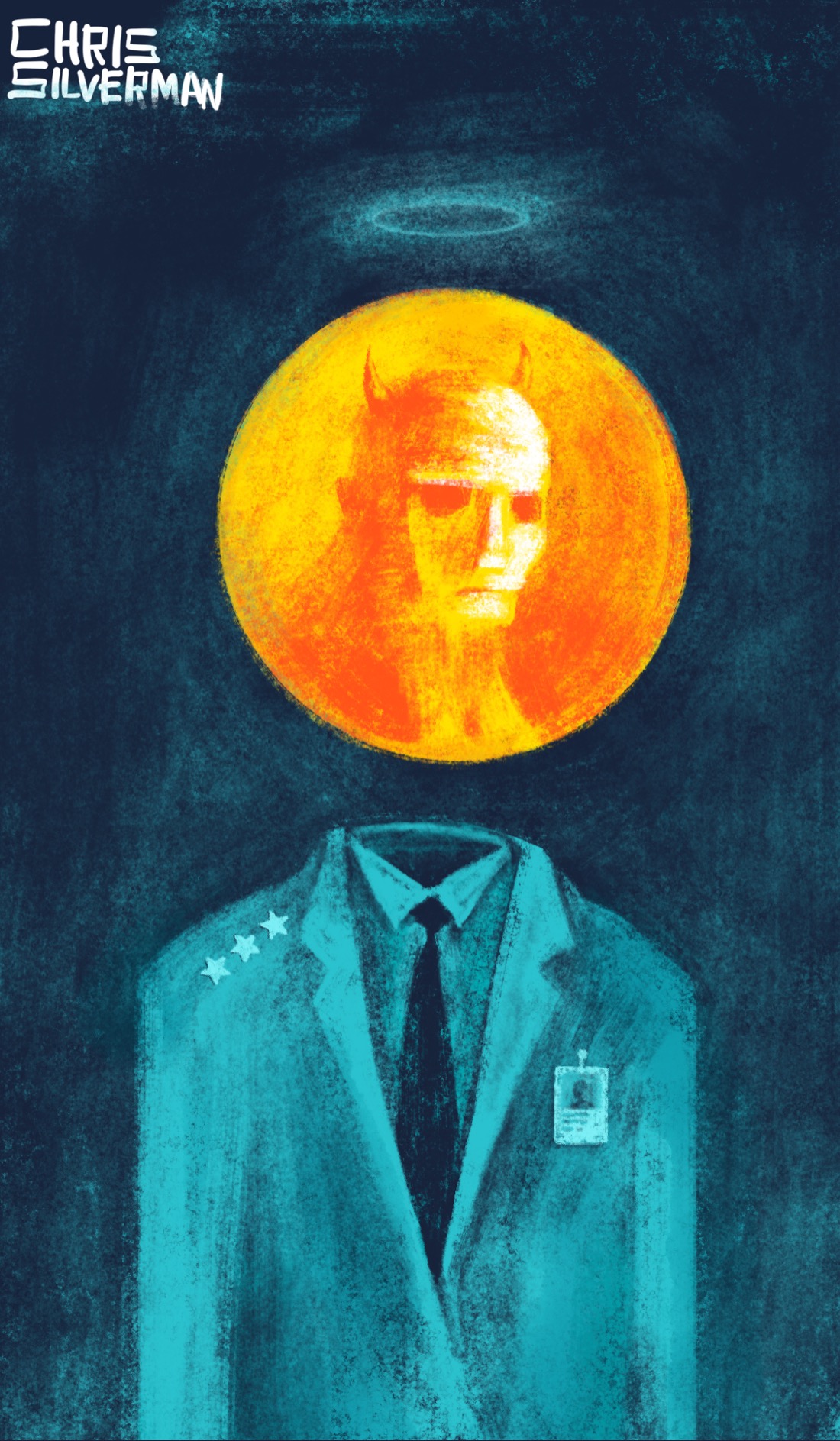 A ghostly blue-green figure standing against a dark background. The figure is wearing a suit jacket and black tie, with an ID badge on its left breast and three stars on its right shoulder. The figure does not have a head. Floating above its empty neck is a round, blazing orange object that looks like a coin. The head on the coin is gaunt, with staring, empty eyes and two horns. Floating above the coin is a pale blue halo.