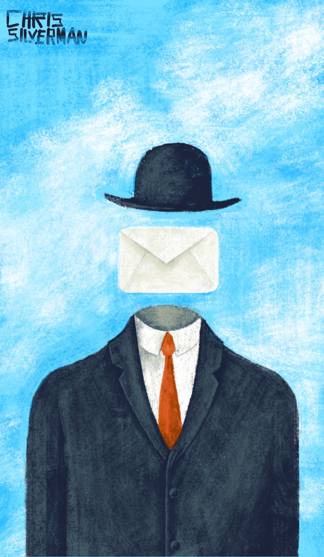 A figure with a stiff black suit, a white collared dress shirt, and a red tie stands against a blue sky with white clouds on it. The figure is wearing a black bowler hat. The figure also does not have a head, with a white envelope floating in space where its head would be. Those who know art will recognize René Magritte's painting "Son of Man". Those who know technology might recognize the iOS Mail icon.