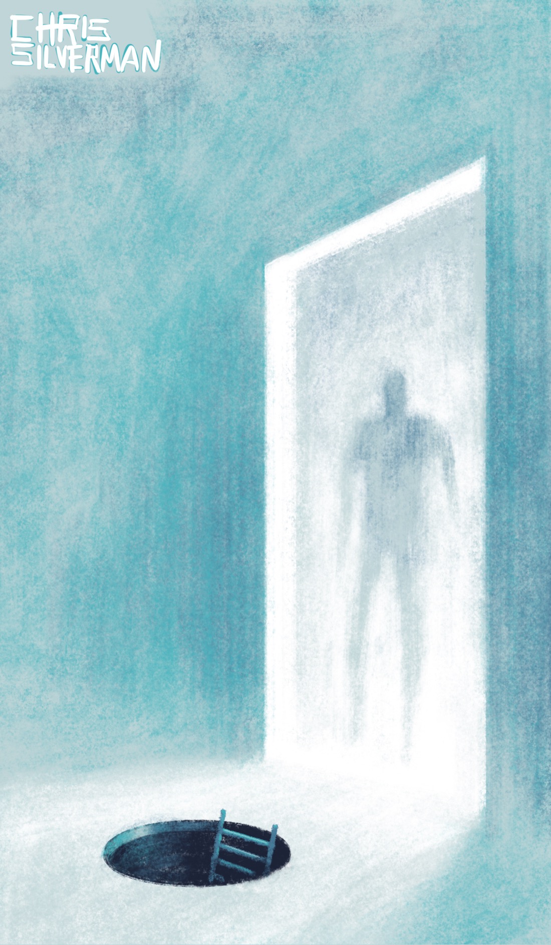 A dim room: not light, but not quite dark. Like a space during the day where the lights are off. On the right side of the drawing is a doorway through which white light is streaming. A blurry figure stands in the doorway, indistinct in the blazing light. Directly in front of the doorway, inside the room, is a perfectly round hole in the floor, like a manhole with the cover left off. A ladder leads down into the darkness of the hole.