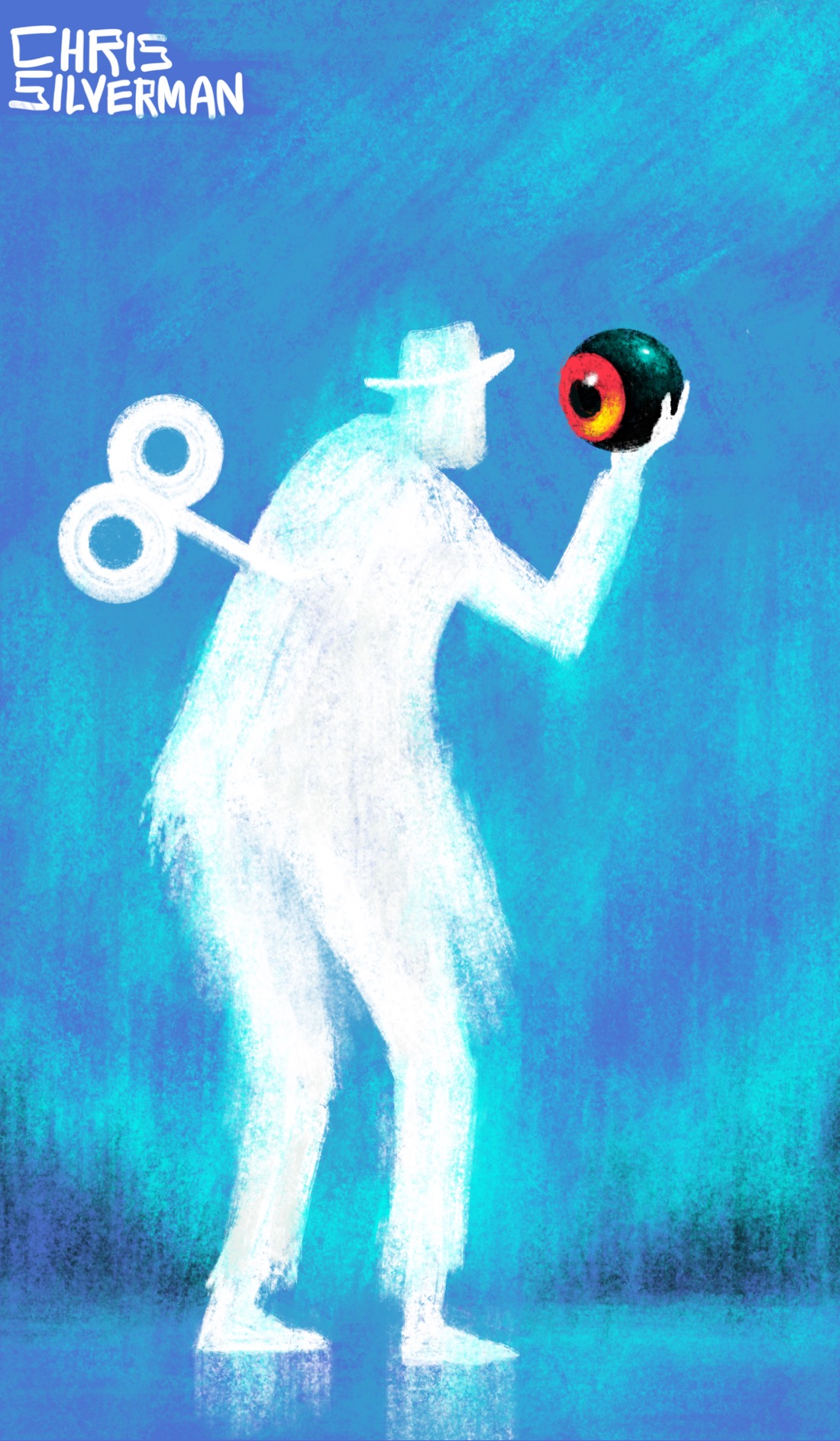 A glowing white figure stands on an icy surface at night, with blurry suggestions of a tree line in the background. The figure appears to be wearing a hat with a brim, and has a clock key sticking out of its back. It is holding up a black eyeball with a bright red iris in front of its face, staring at it. An iridescent green glow hangs in the sky. This is a bluish-indigo drawing.