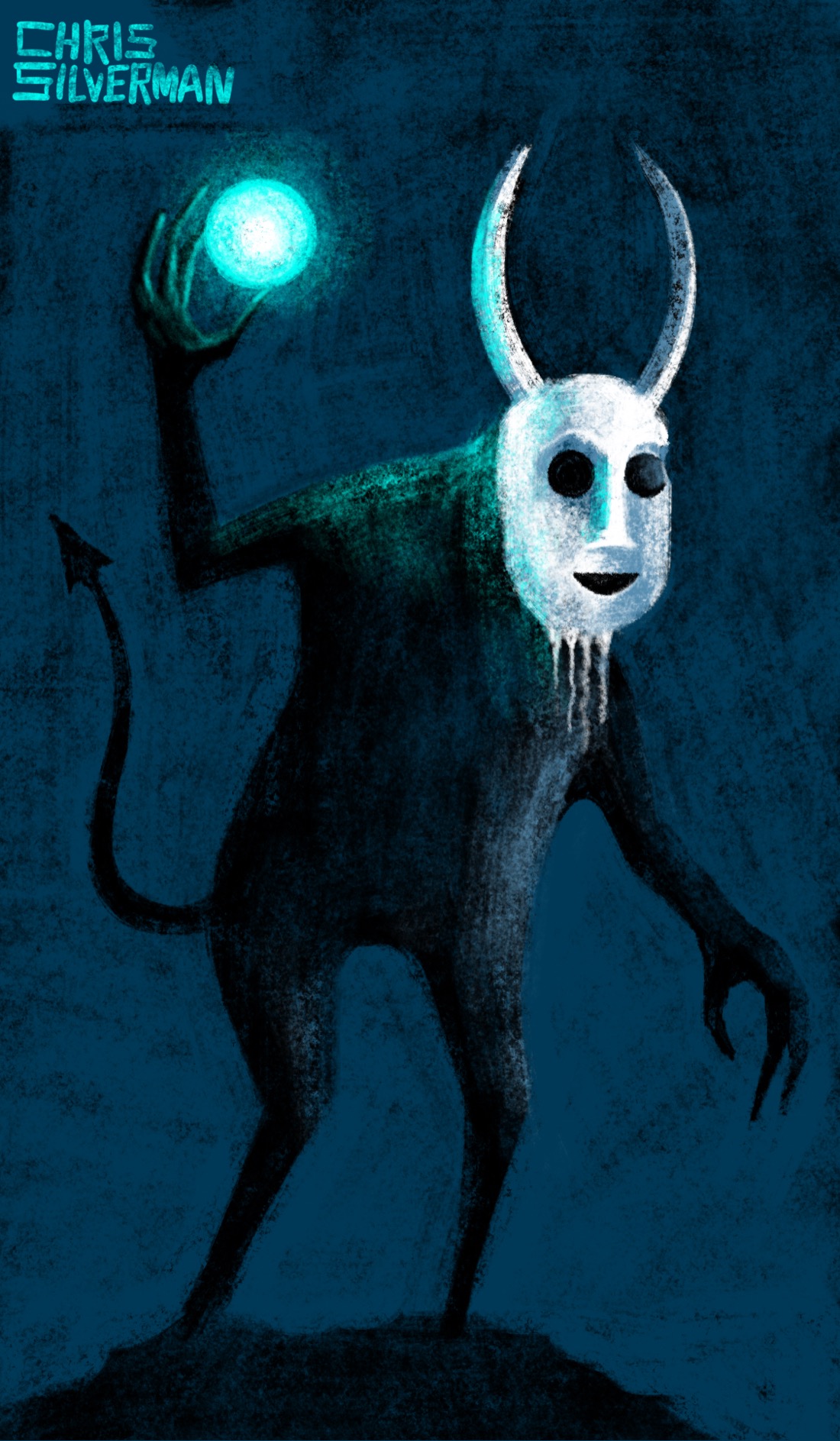 A dark figure with long, clawed hands and a pointed tail stands on a small promontory. In its right hand, the figure holds up a glowing blue orb. The figure's head is white, with two long, thin horns, a thin scraggly beard, and empty black eyes that suggest a mask. The background is dark blue, suggesting night.