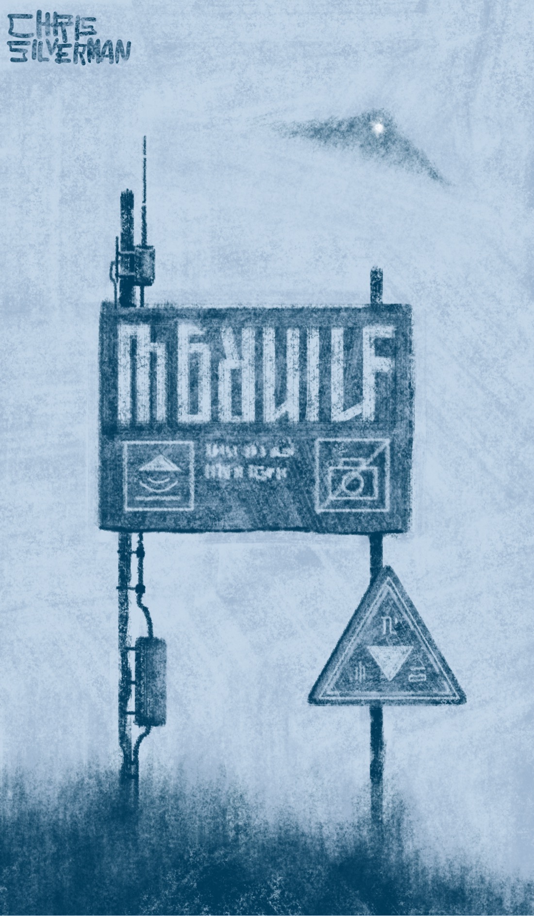 A large sign with a word written in an alien language. Below the word on the sign is some indistinct lettering and two symbols: a triangle with lines radiating down from it, and something indicating that no photography is allowed. On the left leg of the sign is a smaller triangular sign with similarly mysterious glyphs on it. On the right leg of the sign is a small box and wires, leading to an antenna at the top of the sign. Behind the sign, in the sky, is the blurry form of a triangular dark aircraft with a single white light visible under it. This is a monochrome drawing, primarily in various shades of grayish blue.