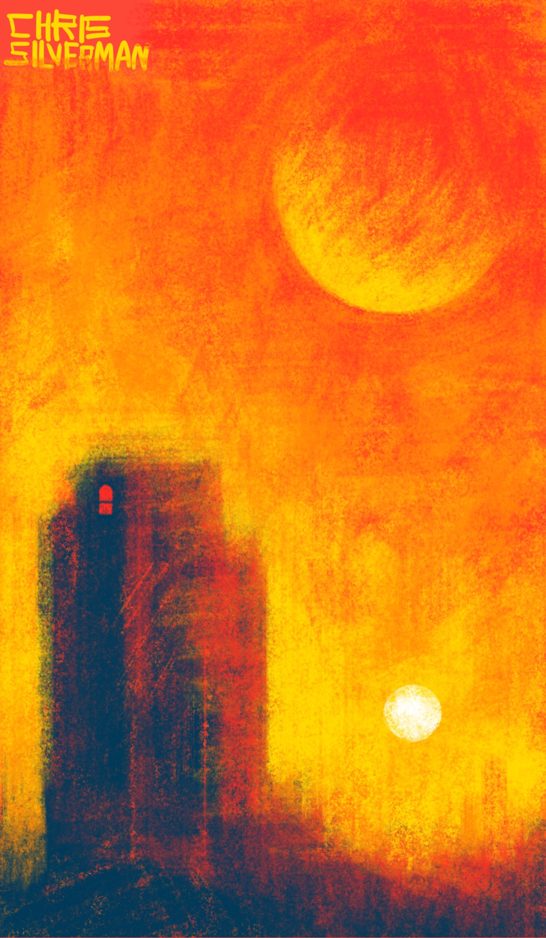 A scene that shows either a blazing sunrise or sunset. The sun is low towards the horizon; above it hangs a much larger planet, like the moon if it was several sizes bigger than it actually is. In the foreground stands a tall building, like a tenement, rising up out of an uneven landscape. The building does not appear to be in a city. It only has one window: a glowing red window at the very top. This is a primarily red and yellow drawing, with the building in navy blue.