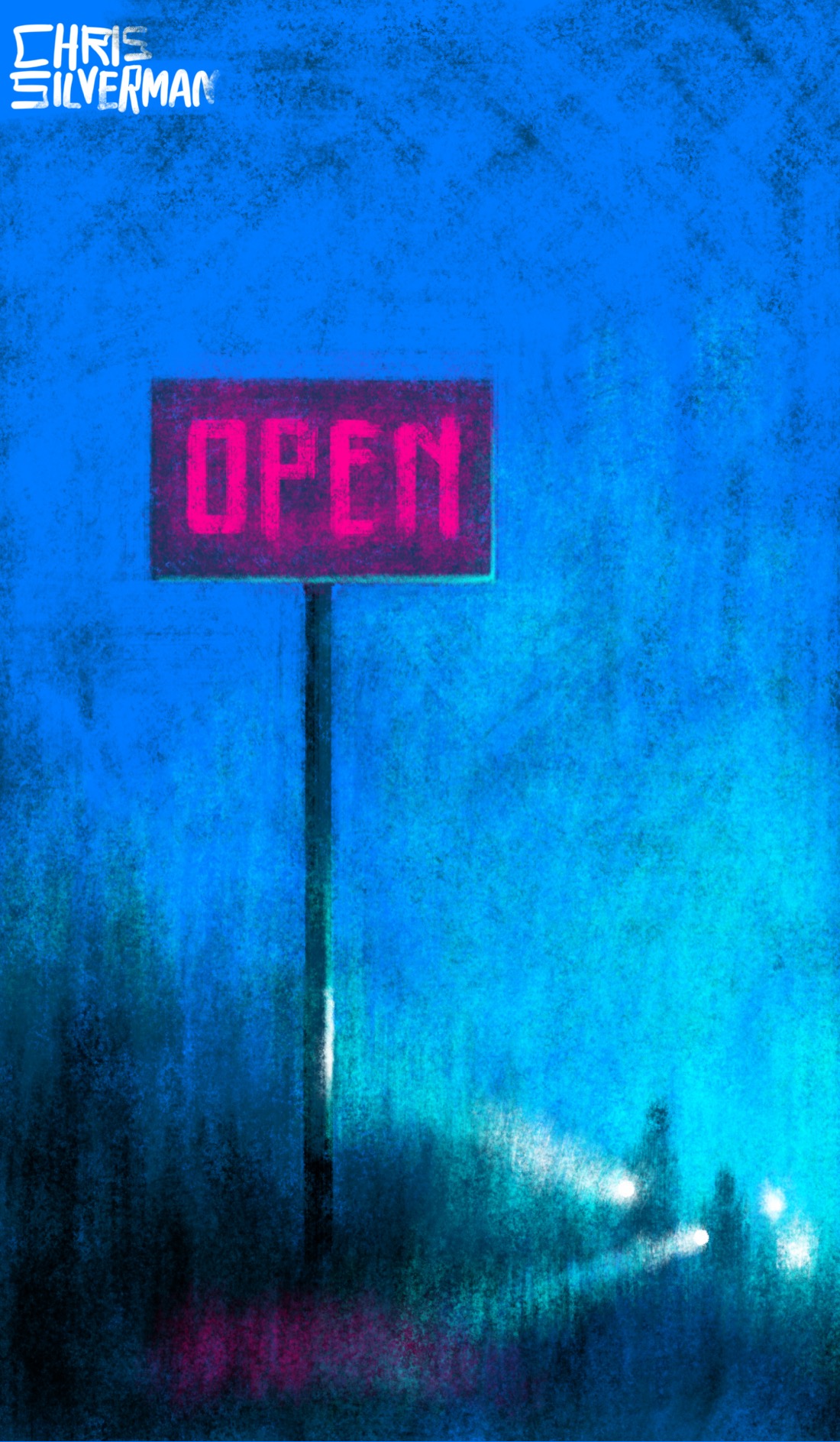 A scene at night, somewhere in a remote, natural area. The ground appears to be covered with low trees, weeds, and shrubbery. Rising up out of the ground is a sign with the word "open" on it in glowing pink letters. The sign is tall, like a sign for a gas station. Approaching the sign in the background are multiple hazy figures who appeared to be carrying powerful flashlights, like a search party. This is a mostly blue and black drawing.