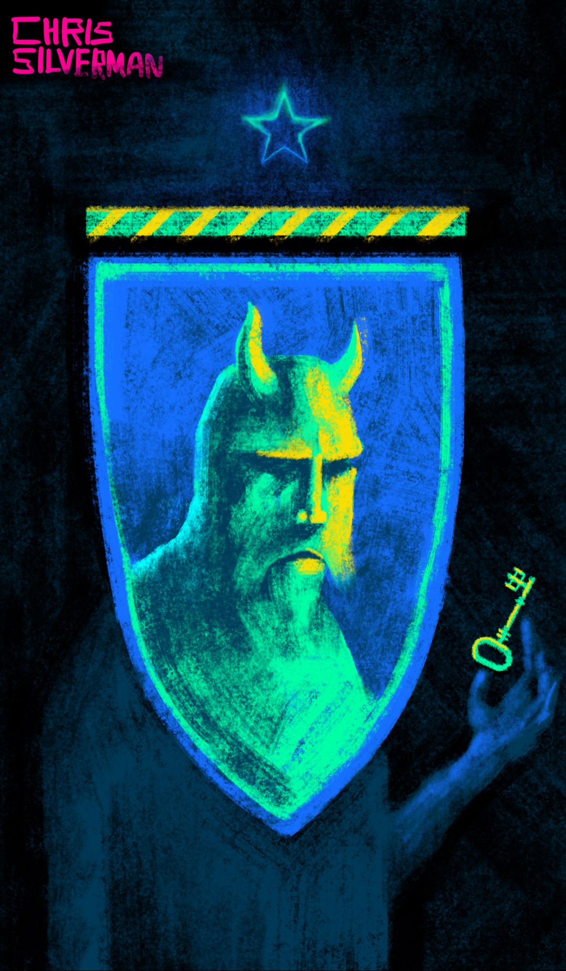 A blue shield with a realistic portrait of a devil on it. The devil has a heavy brow, muttonchop whiskers, and no ears. The devil is rendered in fluorescent green, with yellow light illuminating one side of the devil's face. Above the shield floats a green bar with diagonal yellow stripes on it, looking sort of like those barriers you see at construction scenes. Floating above the bar is a ghostly greenish star. A dark figure is standing behind the shield, aligned in such a way that it looks like the face on the shield is the figure's head. The figure is holding a glowing greenish-yellow key. The devil in the shield appears to be looking at the key. The background of this drawing is black.