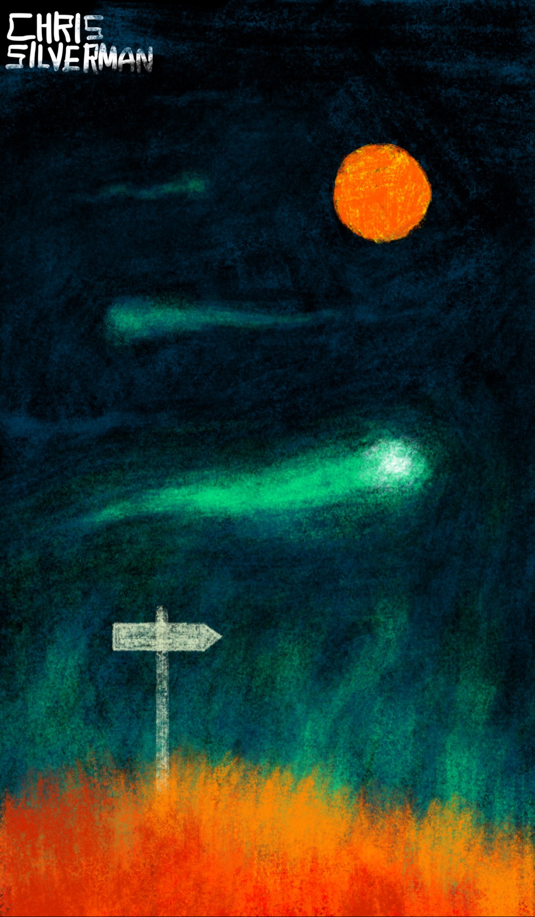 A dark night sky with a field of bright red grass below. Planted in the middle of the field is a small sign, pointing to the right, with no visible text. Hovering above the sign, floating through the air, are glowing green wisp-like creatures that suggest ghosts or spirits. High in the sky is a bright red disc that could be a moon.