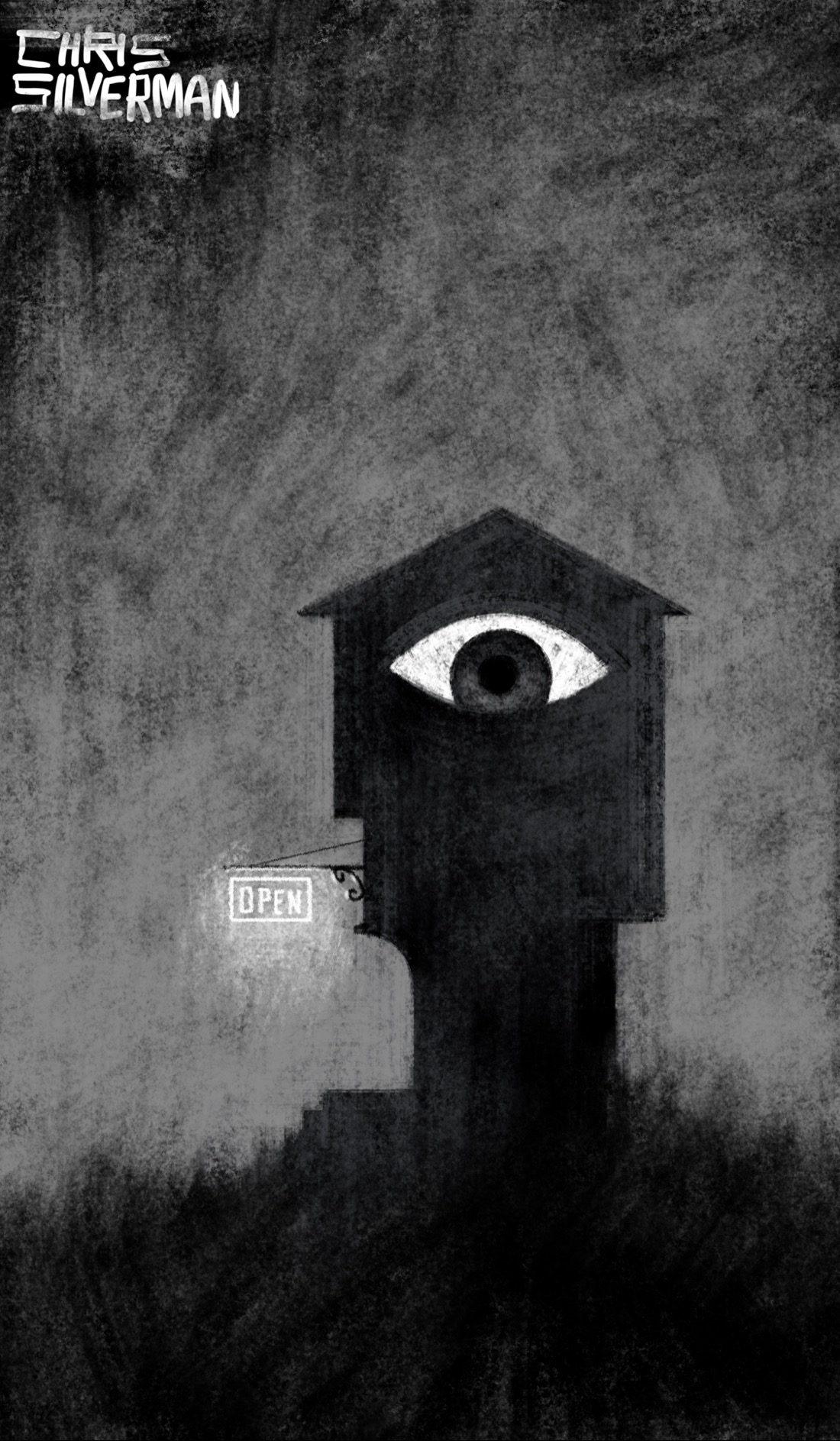 A dark, gray night. A remote, grassy hill. Rising up from the hill is a small, oddly shaped house, with no windows, a pointed roof, and a doorway like an open mouth. On the side of the house, at the top, is a large white eye. Hanging over the door is a small, glowing sign that says "open". This is a monochrome drawing rendered primarily in gray and black.