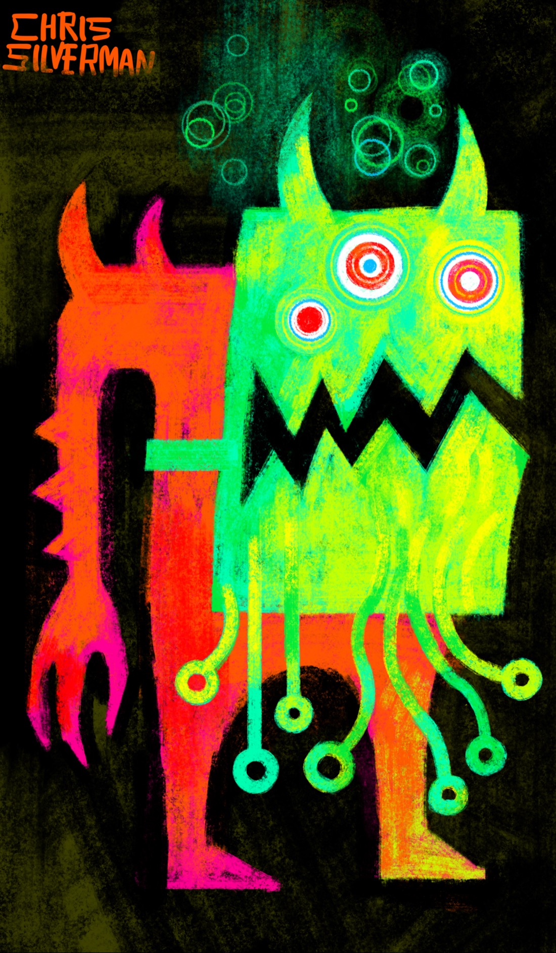 A creature with two legs and one arm. The creature is simple, brightly colored, and set against a black background, as though cut out of construction paper. Its body is reddish-orange with touches of magenta. It has spikes on its shoulder and arm. It is wearing a bright green and yellow mask with three red eyes and a beard that looks like it's made of connections on a circuit board. The mask has two horns. Floating above the creature are blurry multicolored bubbles.