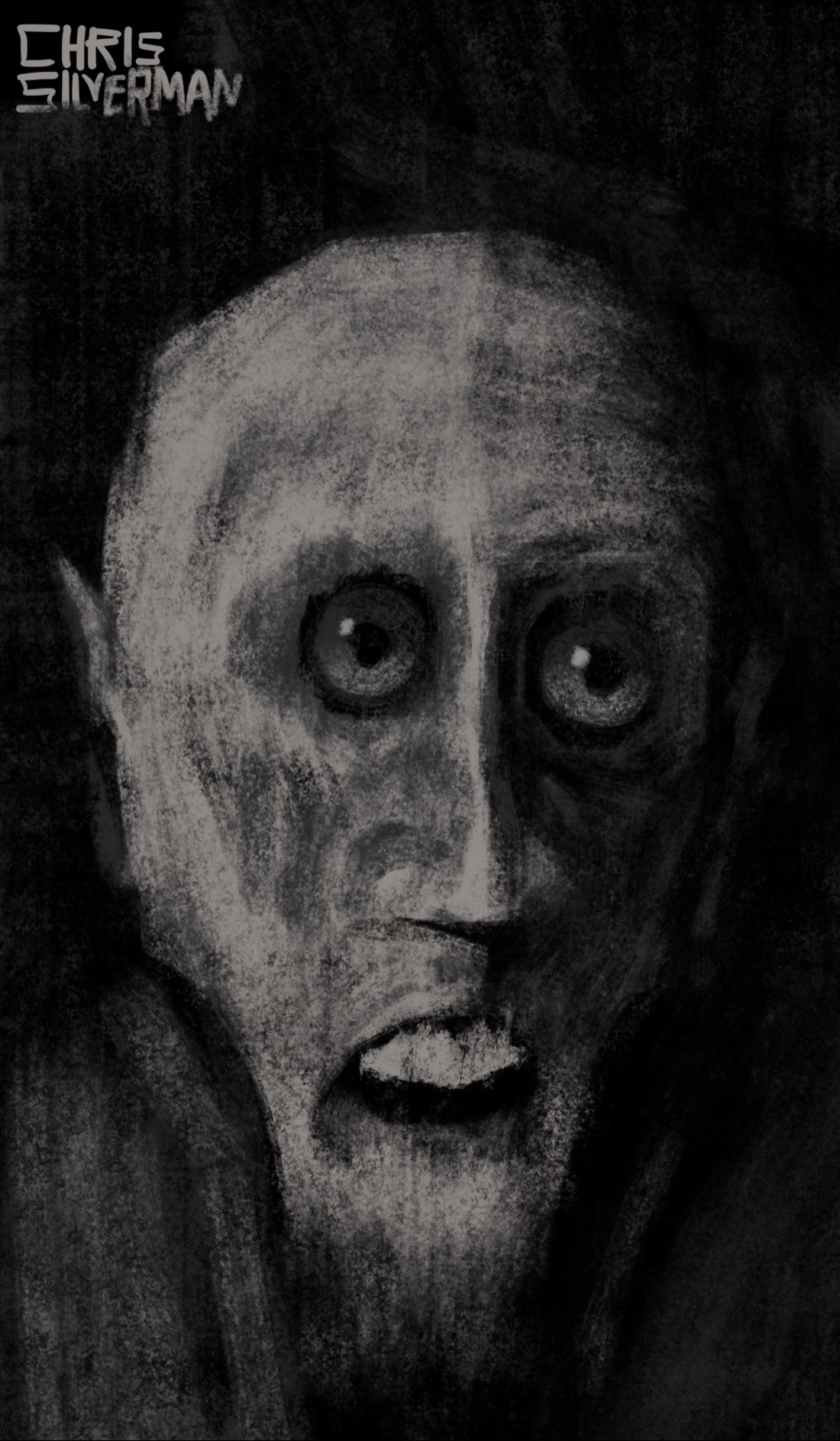 An unsettling goblin-like person with a bald head, pointed ears, and round, unpleasantly glistening eyes. Its mouth is hanging open, teeth exposed in a prominent overbite. It looks like Gollum's clueless uncle. This is a mostly dark, monochrome drawing that looks like it was rendered in charcoal.