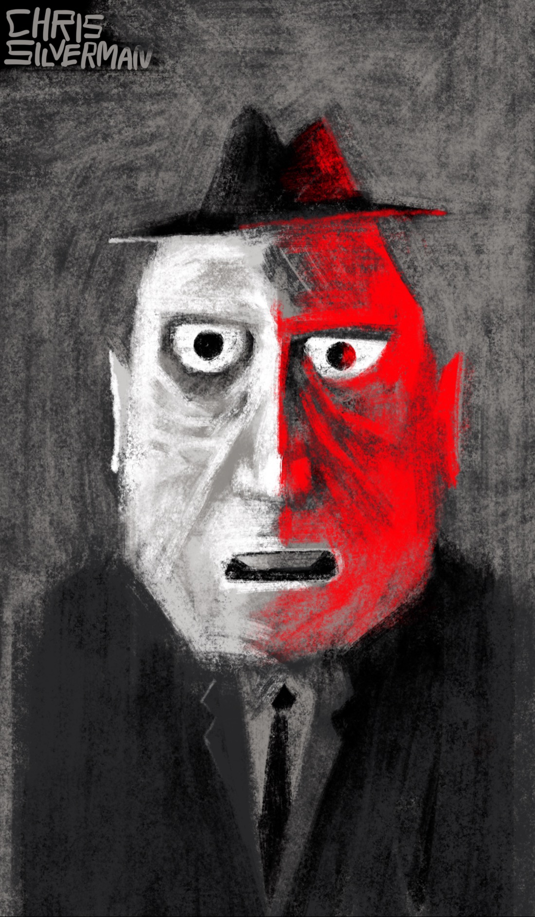 A person wearing a fedora and a dark suit and tie. The person has wide, staring eyes, and an extremely intense expression. The person's head is disproportionately large, and looks more like an illustration or cartoon than a realistic rendering. The right side of the person's head is bright red, as though caught in a red spotlight. The left side is white. This is a craggy, round face: perhaps a businessman gone to seed, or a dissolute government agent with too many years on the job. This is a primarily black and white drawing, with the exception of the red.