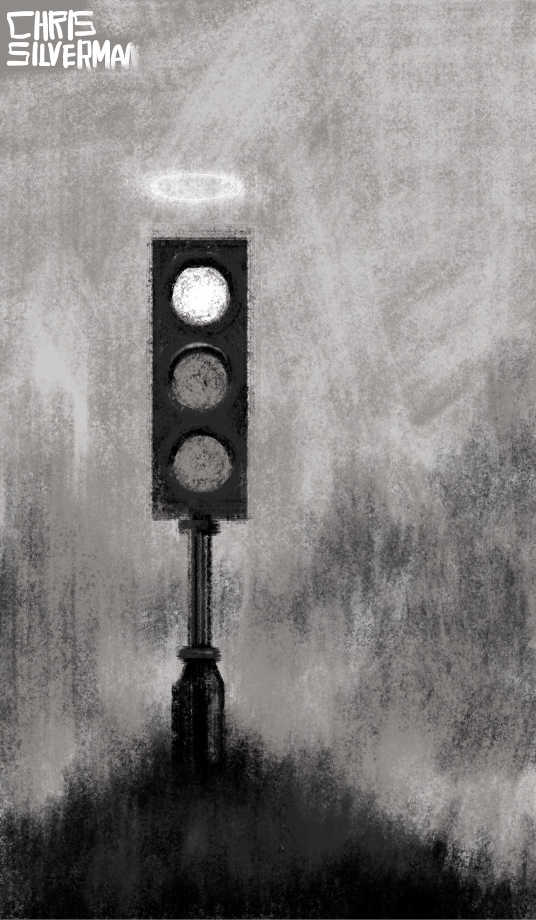 A traffic light out in the middle of nowhere, mounted on a small hill. In the background is the blurry suggestion of a mountain and a cloudy sky. Hovering above the traffic light, which is red, is a blurry halo. This is a monochrome drawing that looks like it was rendered in charcoal.