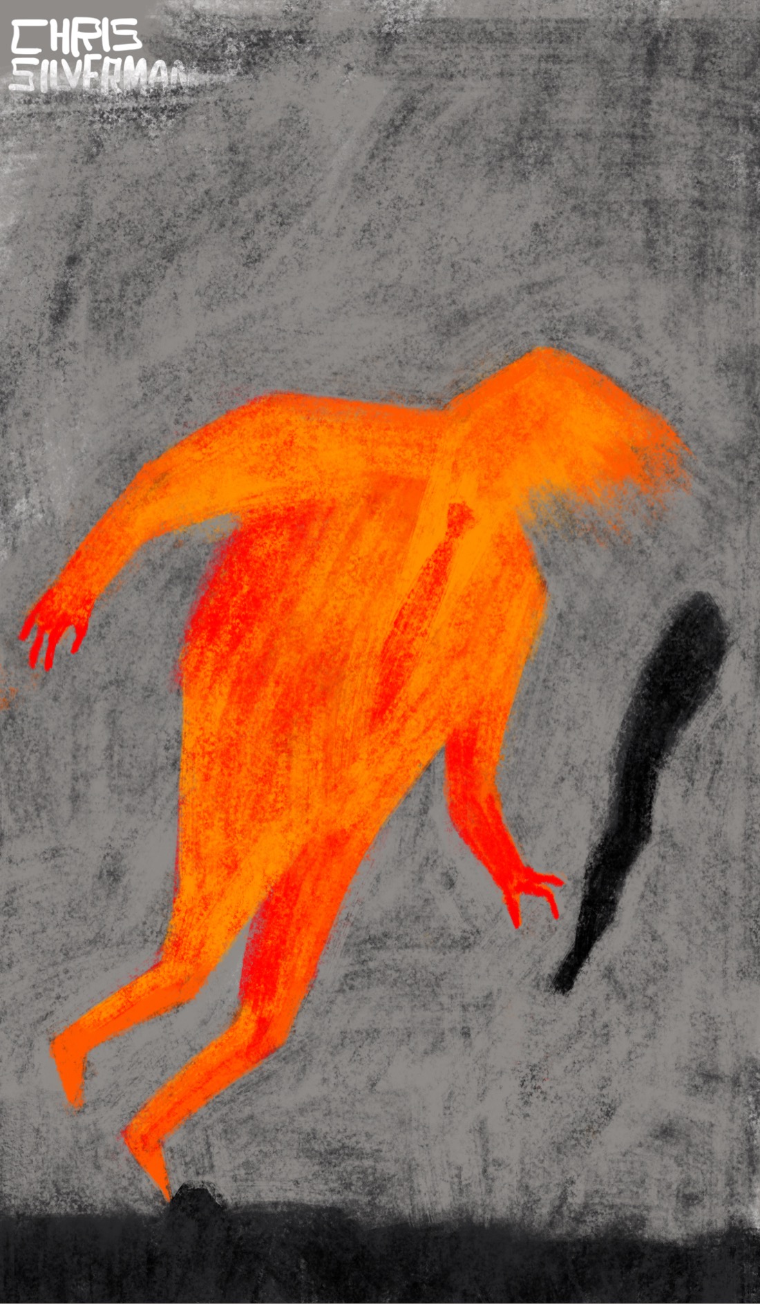 An orange giant with smallish red hands trips over a rock and hurtles forward, dropping its large black club. The giant looks like it is wearing a suit and tie. The giant does not have any discernible facial features, although it does appear to have a lot of unruly hair combed forward. The sky is a turmoil of gray clouds. Any resemblance to actual persons, living or undead, is purely coincidental.