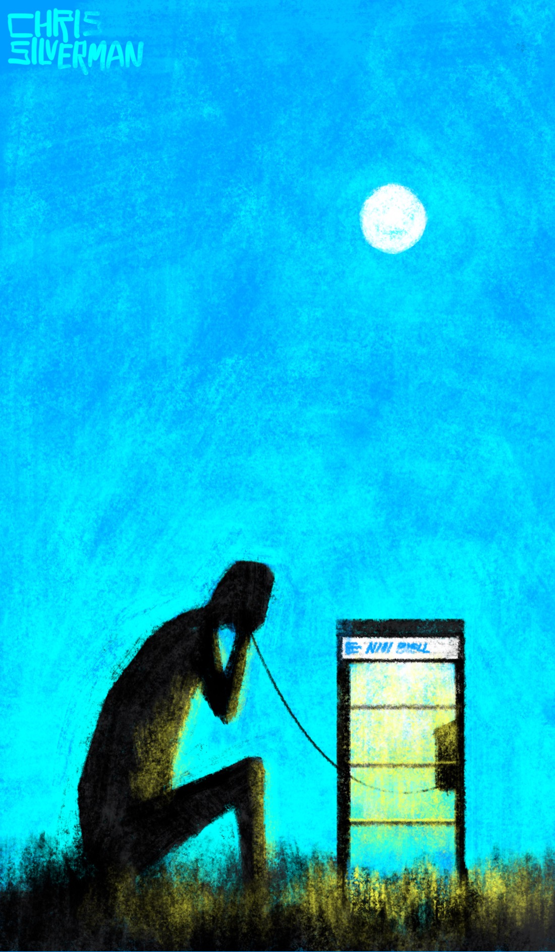A very large person sitting next to what is presumably a normal-sized phone booth. The booth looks like it's in a meadow in the middle of nowhere. The person would probably be twice the size of the booth if they were standing up. They are nevertheless using the phone, stretching the cord outside the booth. It looks like early morning or early evening; the sky is a darkening blue, and the yellow light from the booth illuminates the grass around it. The person is just a dark silhouette, with no facial features visible. A full moon sits high in the sky.