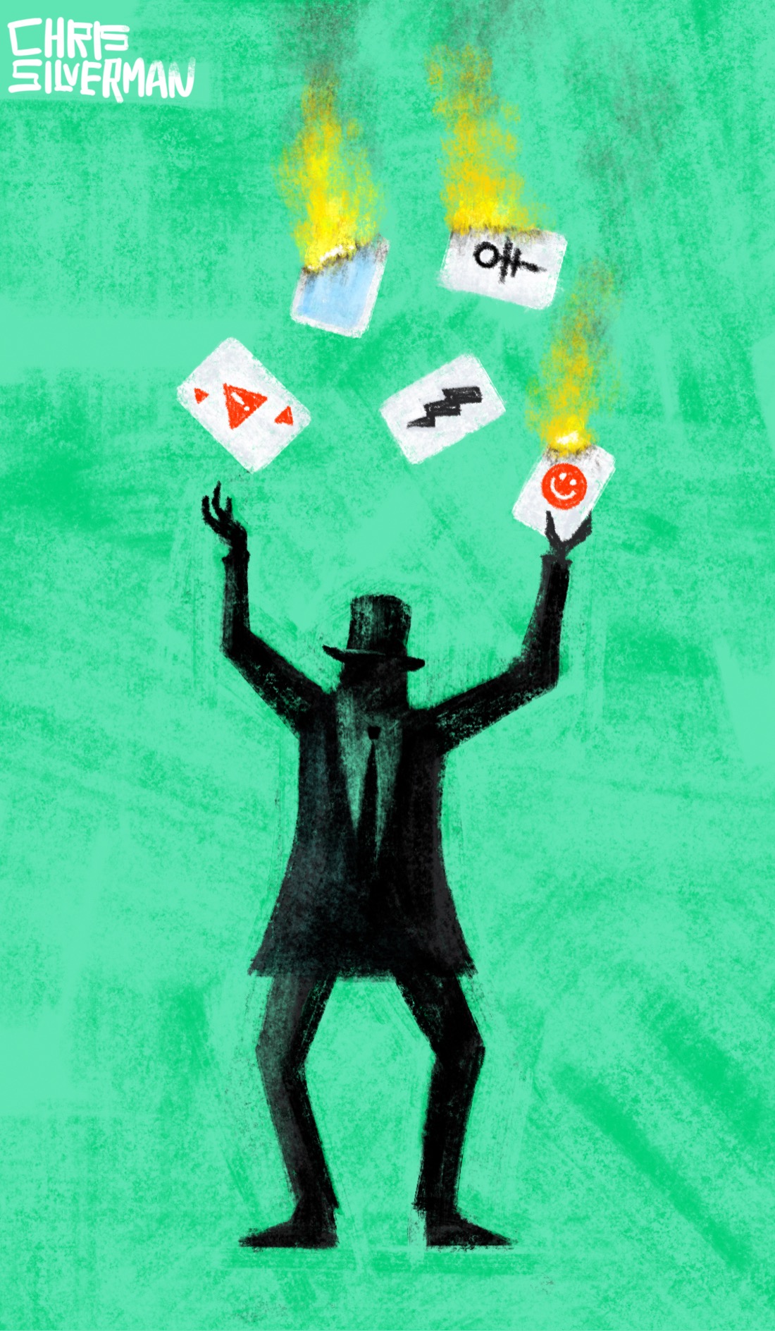 A figure wearing a top hat, a dark suit, and a tie stands on a green background, juggling playing cards. The figure looks like a stage magician. Its face is not visible. Some of the playing cards are on fire. The cards also have odd symbols: a red triangular warning symbol with an exclamation mark, a black lightning bolt, a red smiley face, and an odd symbol that looks like a cross with two crossbars and a circle at the top.