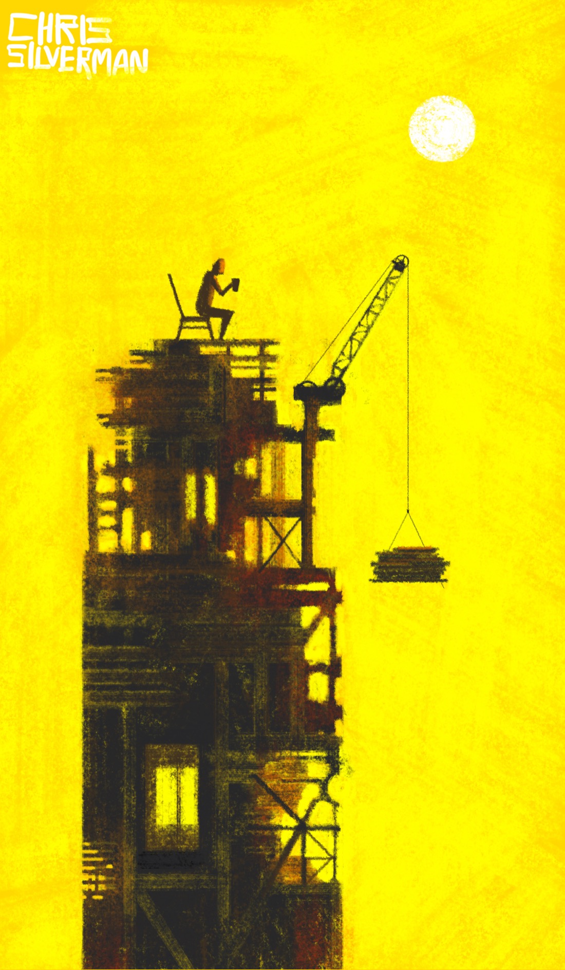 A tall, thin, very unfinished skyscraper. Parts of the skyscraper's walls are missing, revealing beams and infrastructure. On the right side of the skyscraper is a small crane, from which is dangling a pallet of building materials. At the very top, a person is sitting on a chair, holding a cup. The sky is the bright yellow of high noon; the sun hangs above the skyscraper.