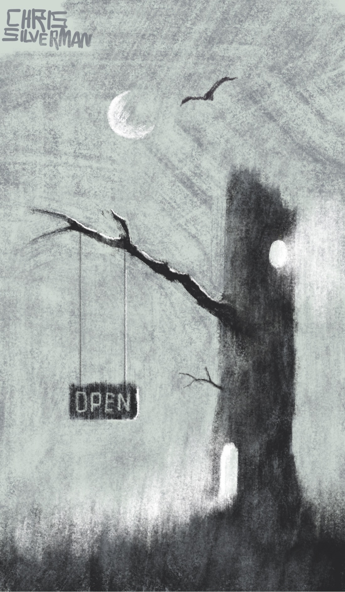 A gray night, with a thin sliver of a hazy moon in the sky. The trunk of a large dead tree stands to the right, with a single branch extending off to the left. Hanging from the branch is a small sign that says "open". At the base of the tree is an arched doorway, casting white light out onto the surrounding meadow. In the top left of the trunk is a small, circular window, with white light beaming from that as well. In the sky above, a large bird can be seen.