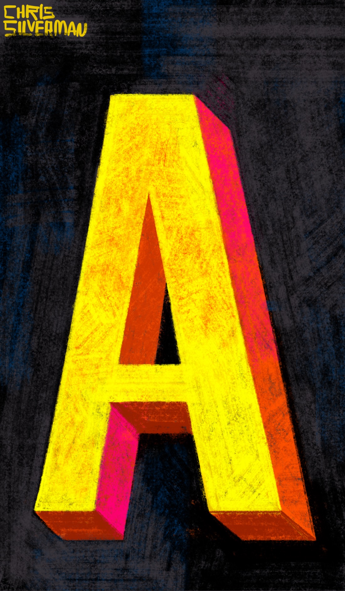 A large, uppercase, sans-serif letter A. The letter is set on a dark gray-black background and looks three-dimensional, as if cut from wood. The front of the letter is yellow; the sides are a mix of dark orange and hot pink.