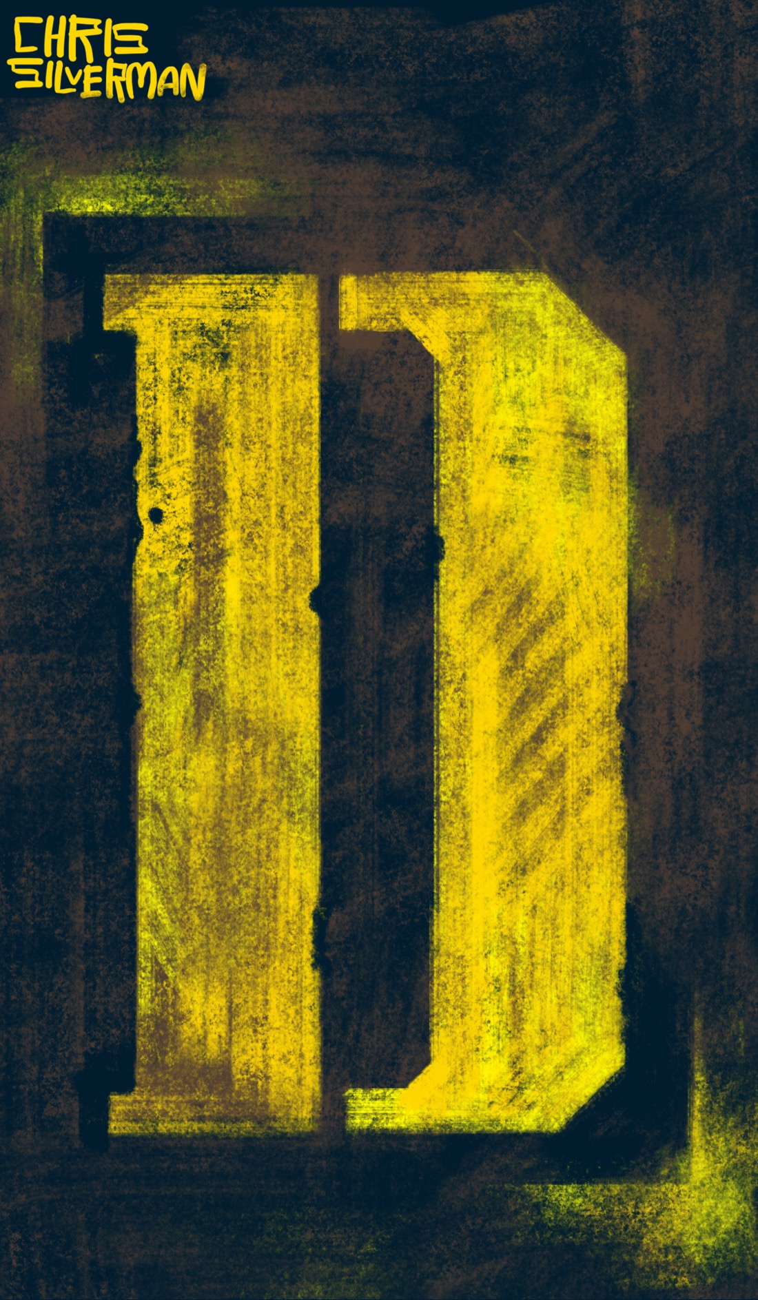 A large, uppercase D. The letter is yellow, stenciled on a textured black background. In the top left and lower right corners are yellow splashes where the paint spilled over the square stencil template. The letter is grubby and smudged, as if it's been stenciled on asphalt in a parking lot.