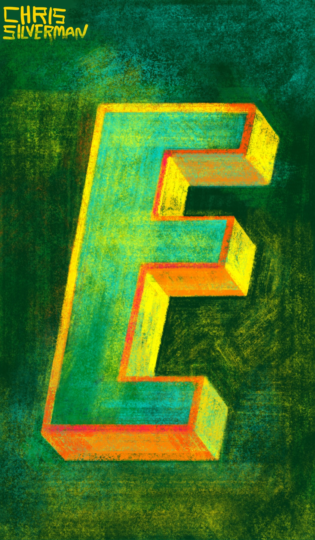 An uppercase sans-serif italic letter E. The letter is three-dimensional, with the front of it being bluish-green and the sides orange and yellow. The letter is on a rough, dark-green background. The overall style is very worn and textural, as though the letter is painted on an old wooden surface.