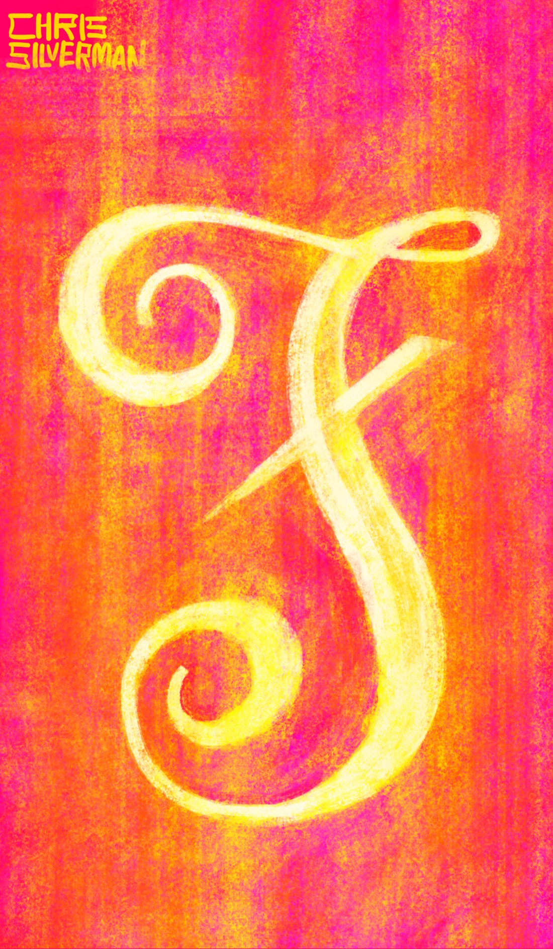 A fancy, scripted capital F. The F is golden white on a crimson and orange textured background.