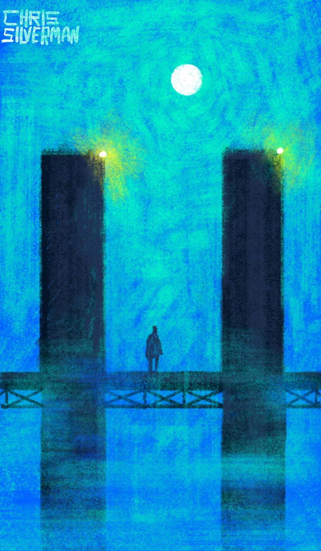 A scene at night. Two tall, thin towers rise out of the fog. Connecting them is a horizontal bridge with iron latticework beneath it. At the top of each tower is a glowing yellow light. A person stands on the bridge. Above, in the sky, is a glowing full moon. The bridge looks like an uppercase letter H. This is a primarily blue drawing with accents of fluorescent green for the fog.