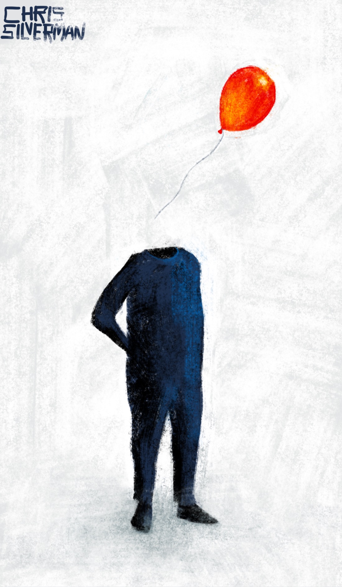 A headless figure, its right arm placed on its hip, stands casually in a large white space, casting a slight gray shadow. Above, a red balloon with a long string flies away from where the figure's head would be.