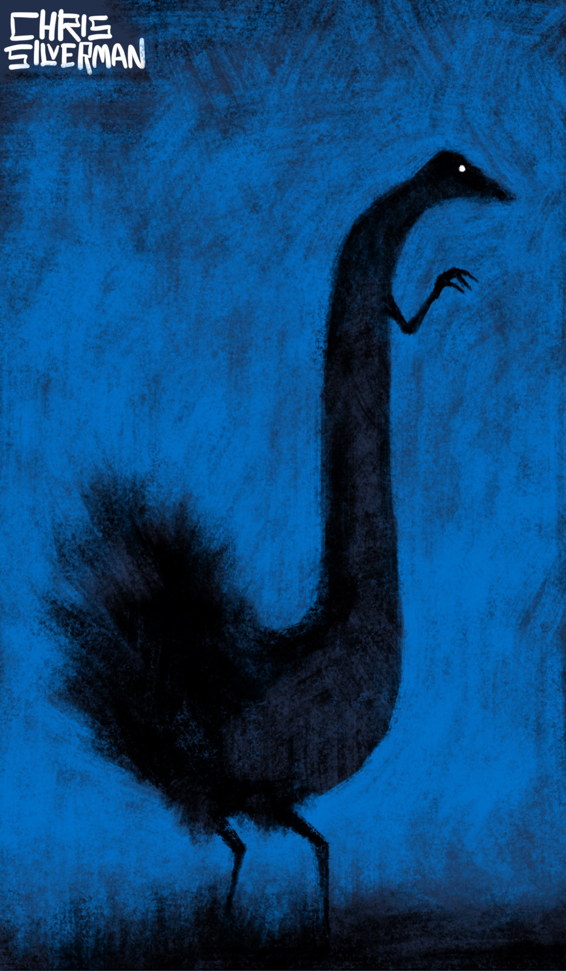 A very tall, J-shaped creature that looks a little like something between a chicken and an ostrich. It has two spindly legs, an explosion of feathers sticking up from the back, and a very tall neck. However, it also has two small arms higher up on its neck. It is mostly a black silhouette framed against a dark blue sky, with one bright white eye visible.