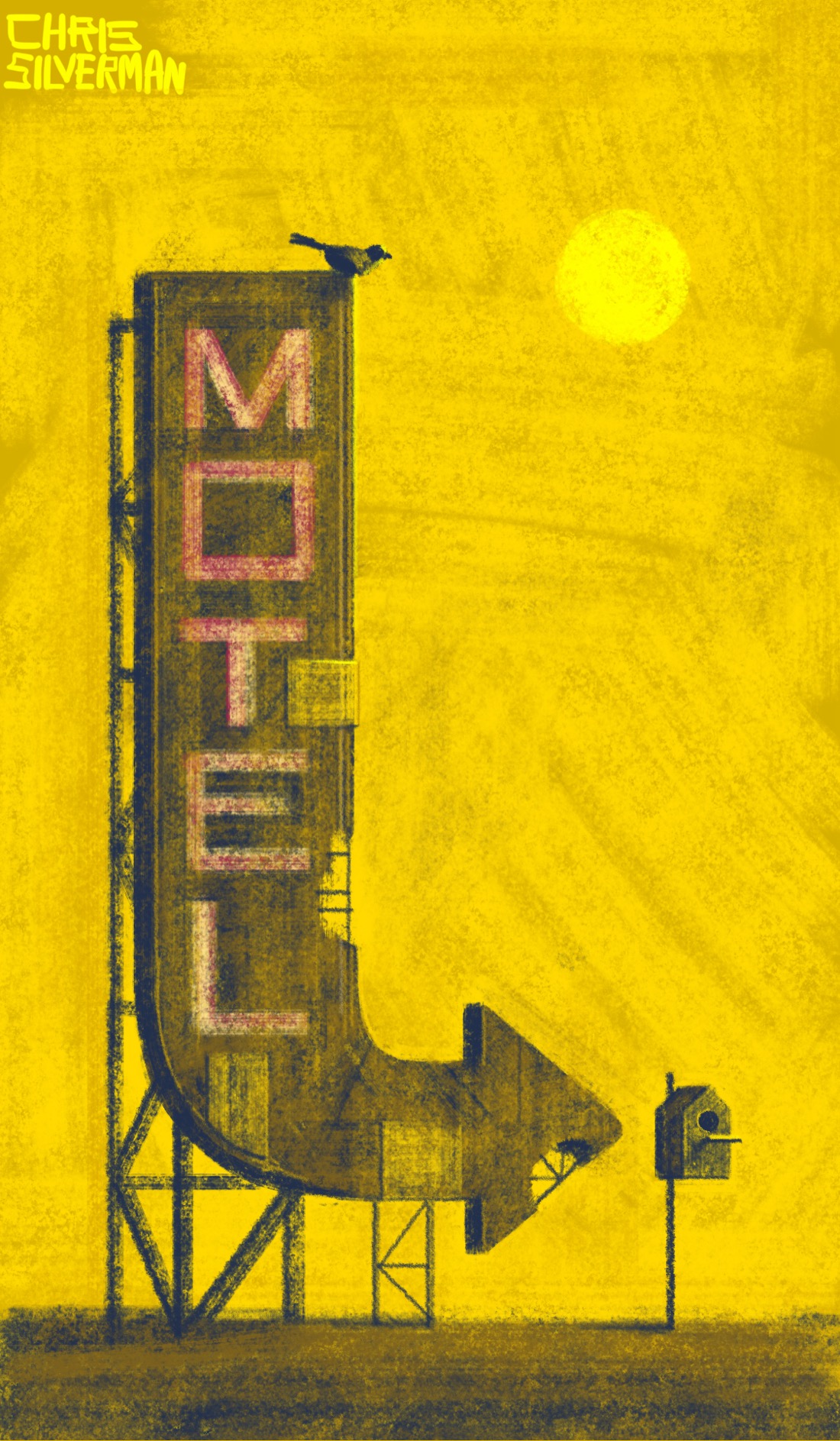 A very tall, dilapidated sign. The sign is an arrow shaped like an uppercase L, with the arrowhead at the base of the L, pointing right. The word "motel" is printed on the L in large, faded, red letters. The sign is weatherbeaten, with holes and patches on it, and is supported by a few rickety support beams. It appears to be in the middle of a desert: flat brown land, golden sky, yellow sun. The arrowhead is pointed at a small birdhouse directly to the right of the sign. Perched on top of the sign is a black bird.